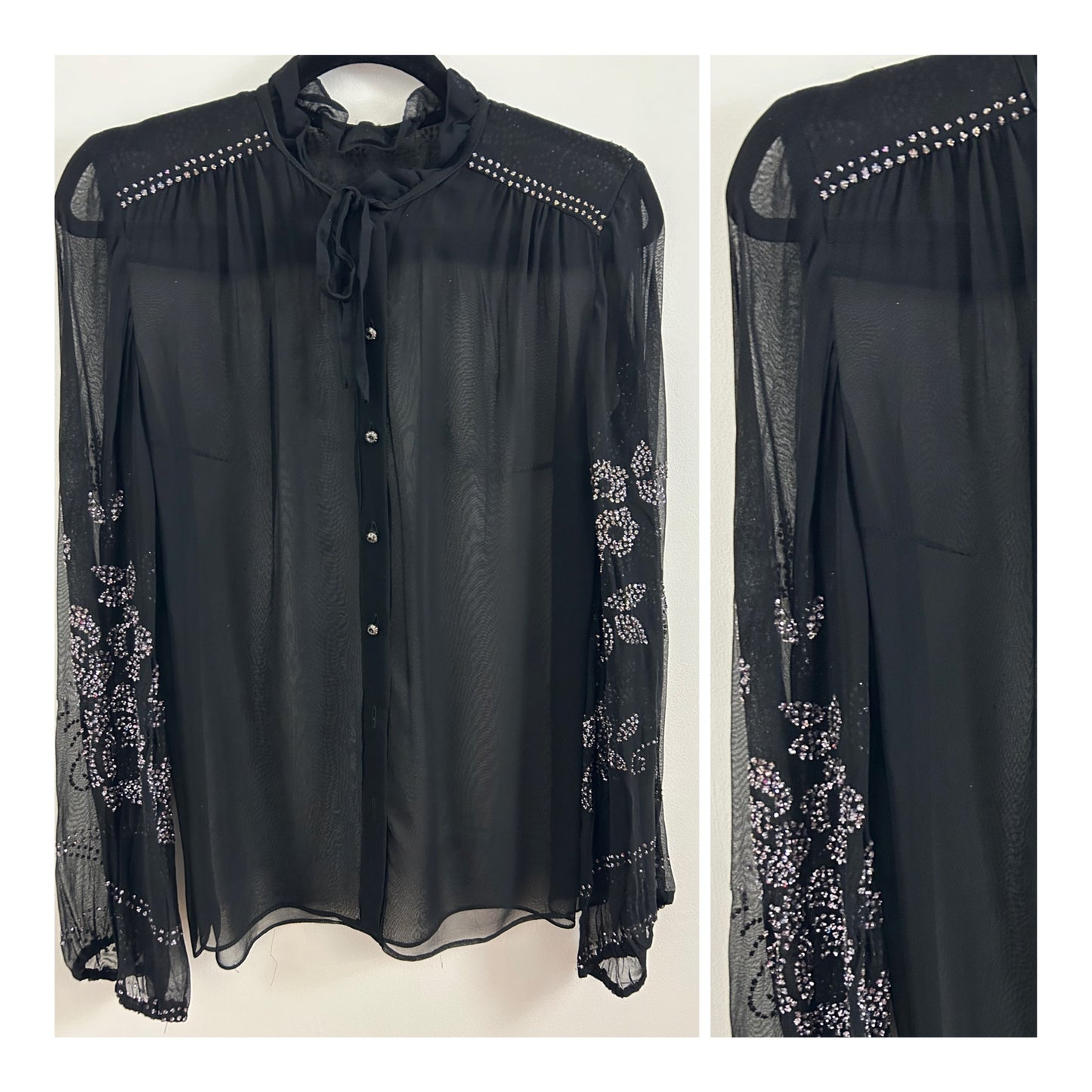 Vintage 1980s UK Size 12 Black Semi Sheer Chiffon Blouse With Silver Glitter Floral Pattern