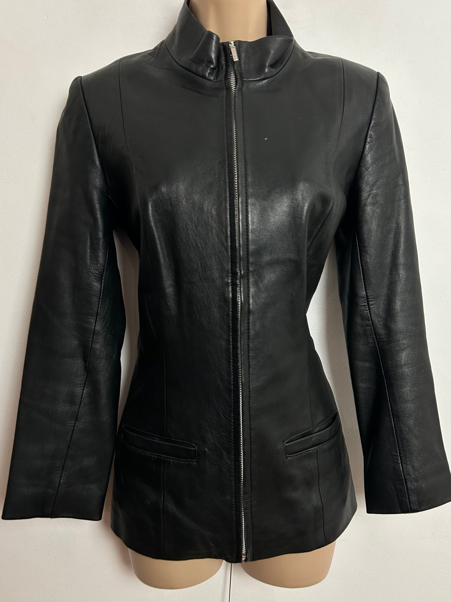 Vintage 1990s UK Size 8-10 "HUGO" Black Leather Zip Fronted Long Sleeve Jacket