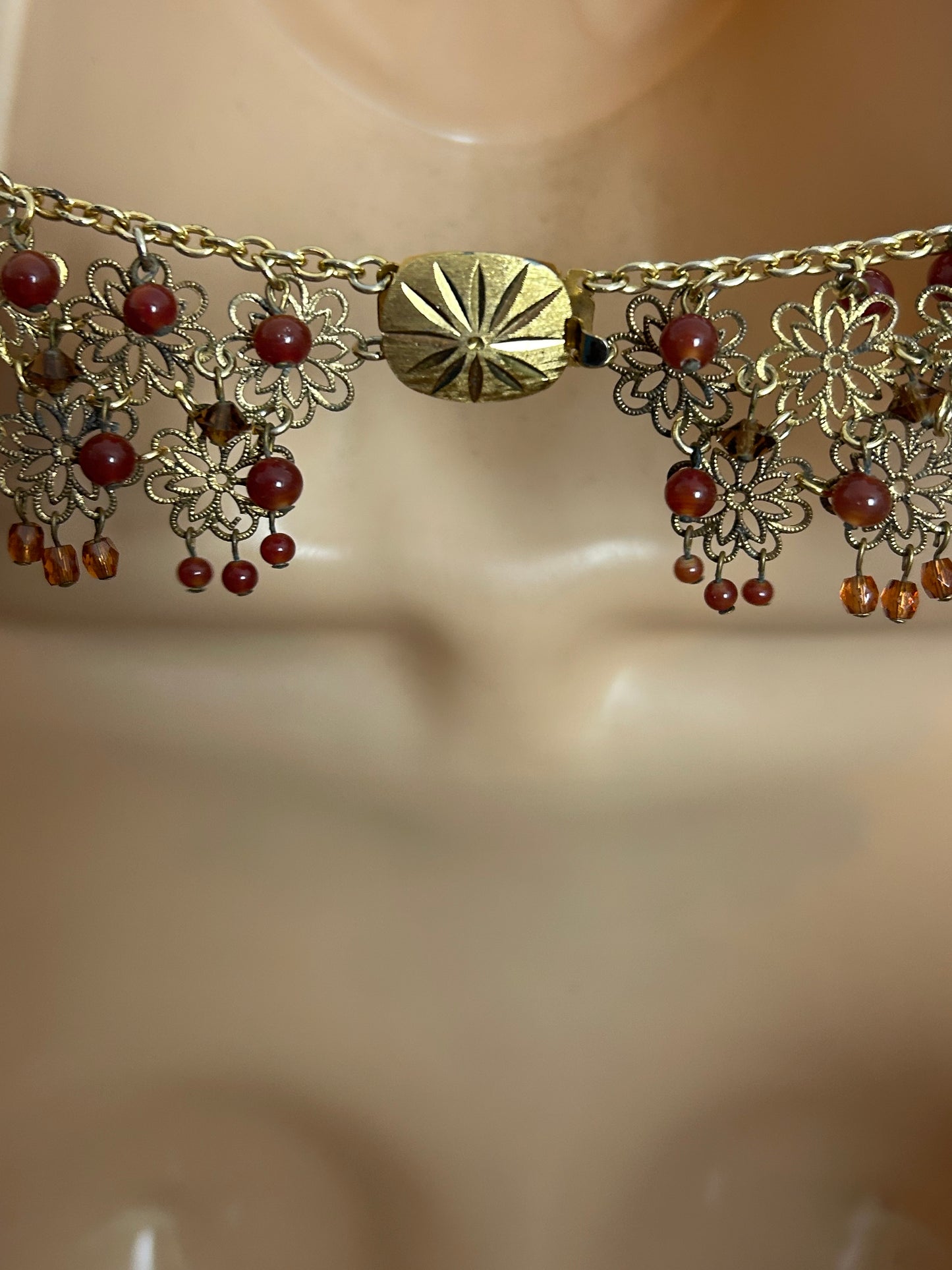 Vintage 1960s Exquisite Gold Tone Floral Lace Effect Glass Tone & Red Bead Statement Choker Necklace