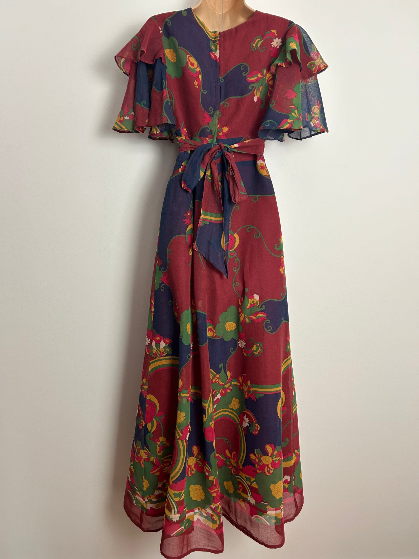 Vintage 1970s (SAMUEL) SHERMAN OF LONDON Size 8 Maroon Navy Blue & Green Floral Print Flutter Sleeve Maxi Dress