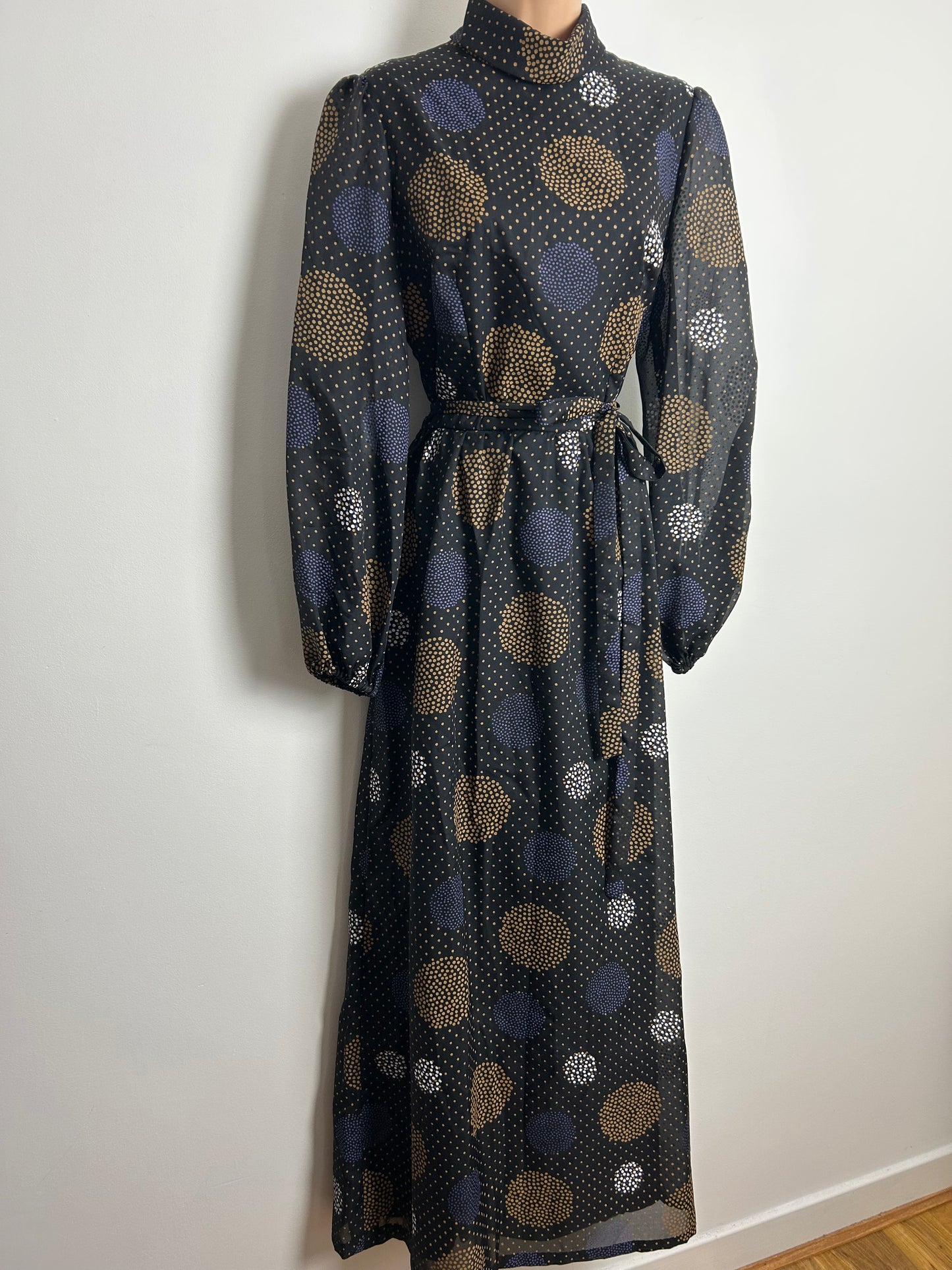 Vintage 1970s Size 12 Black Brown Purple & White Polka Dot Spotty Circle Print Belted Maxi Dress