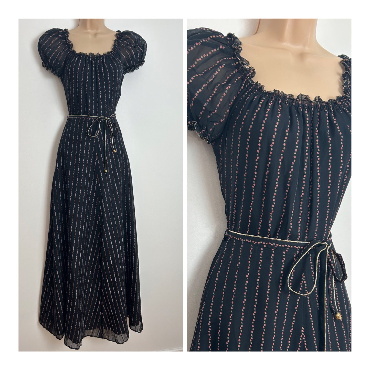 Vintage 1970s PUSZTA Size 6 Black & Dusky Pink Floral Stripe Print On/Off Shoulder Short Sleeve Belted Maxi Dress