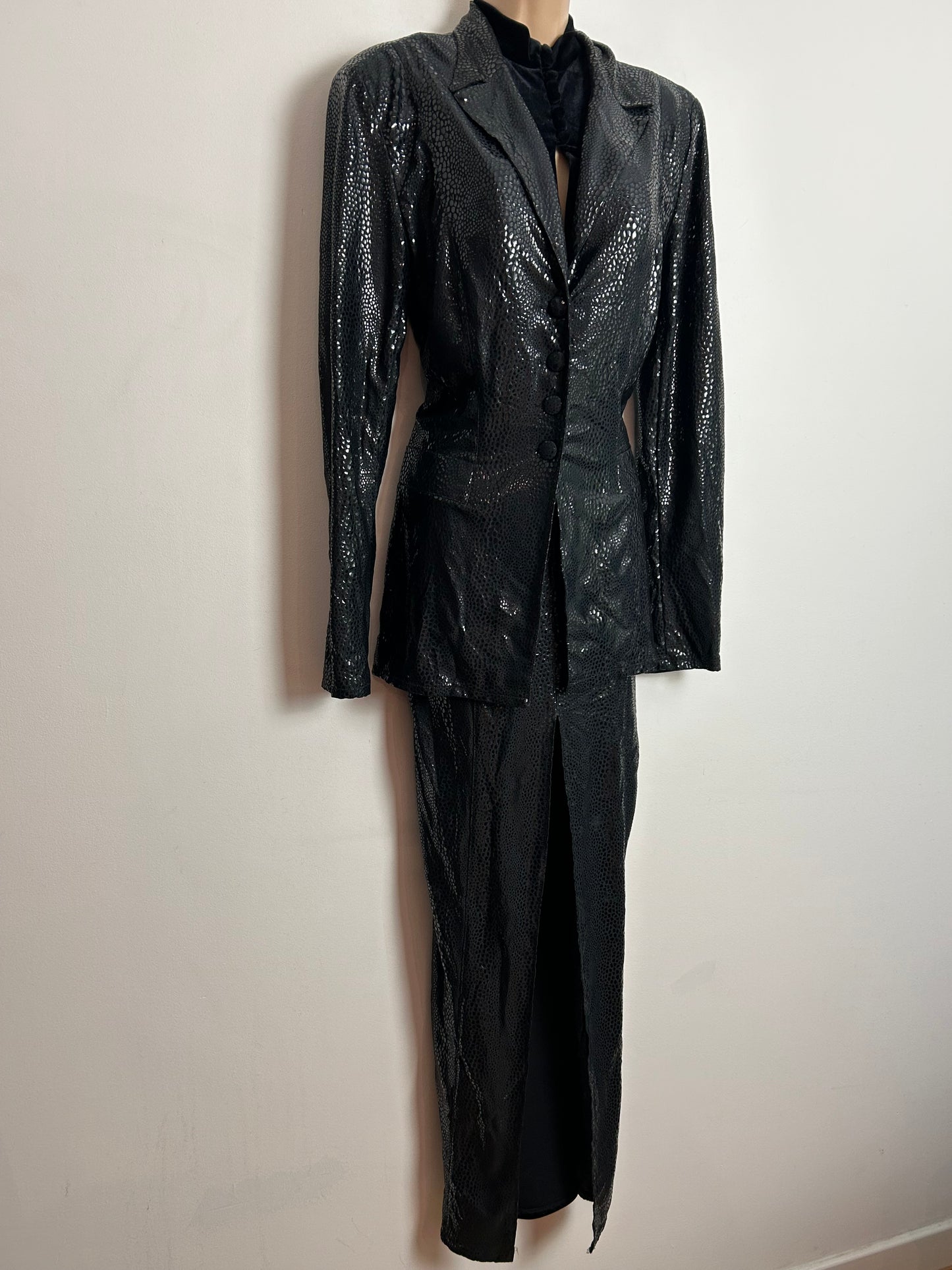 Vintage 1980s ROMEO POUR JULIETTE Paris UK Size 10 Black Velour & Snakeskin Evening Dress & Matching Open Back Jacket