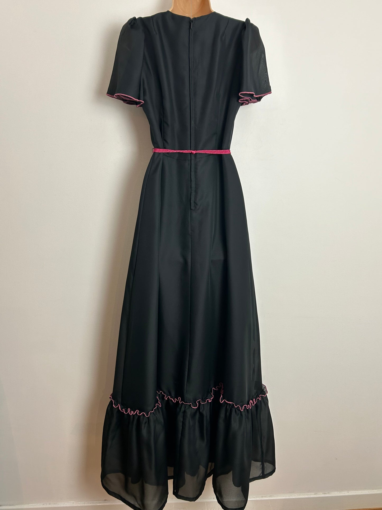 Vintage 1970s UK Size 8 Pretty Black Chiffon Short Sleeve Triple Belted Prairie Boho Maxi Dress