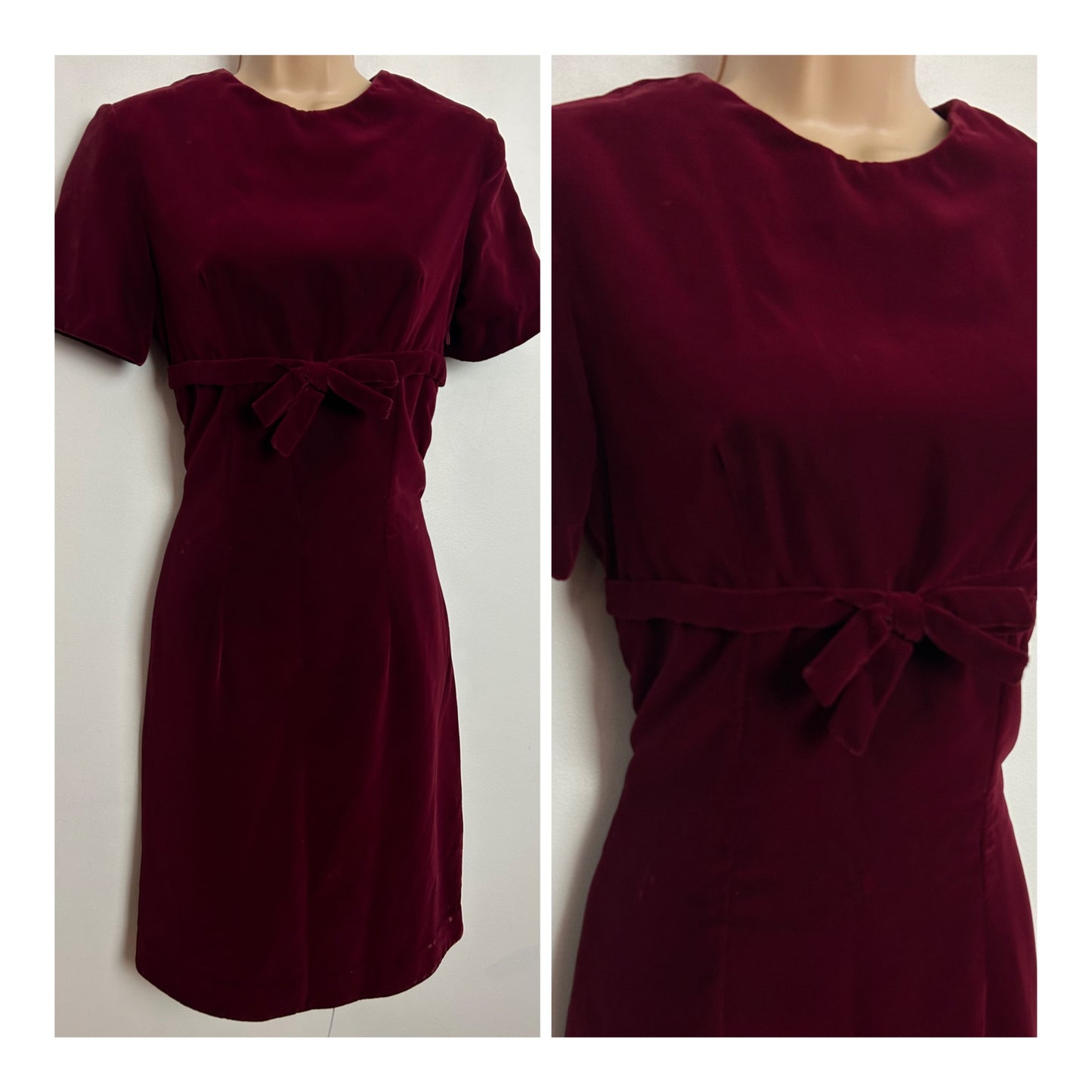 Vintage 1960s UK Size 10 Claret Red Velvet Short Sleeve Bow Detail Christmas Dress