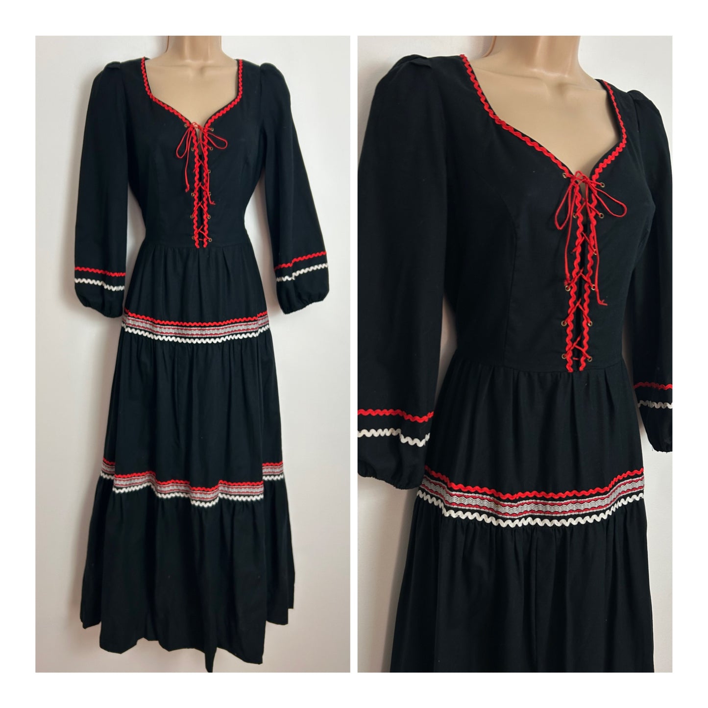 Vintage 1970s Size 10 Black Cotton Red Ric Rac Trim Lace Up Bodice Long Sleeve Boho Maxi Dress