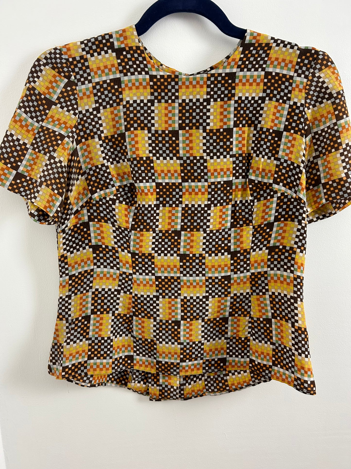 Vintage 1970s Size 10 Brown Mustard Rust Mix Square Grid Print Silk Button Back Blouse/Top