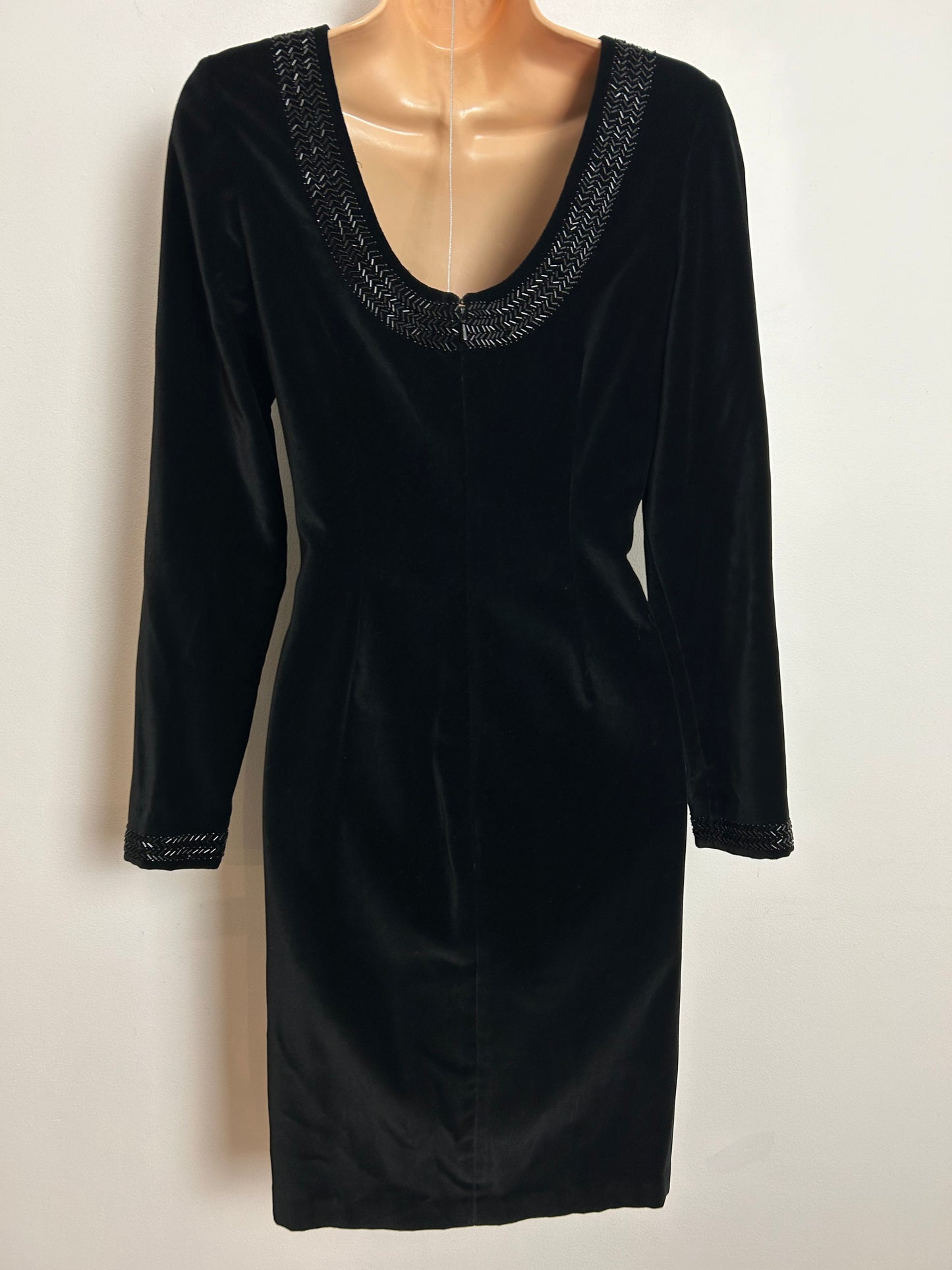 Vintage 80s 90s LAURA ASHLEY UK Size 8 Black Velvet Beaded Scooped Back Fitted Wiggle Dress