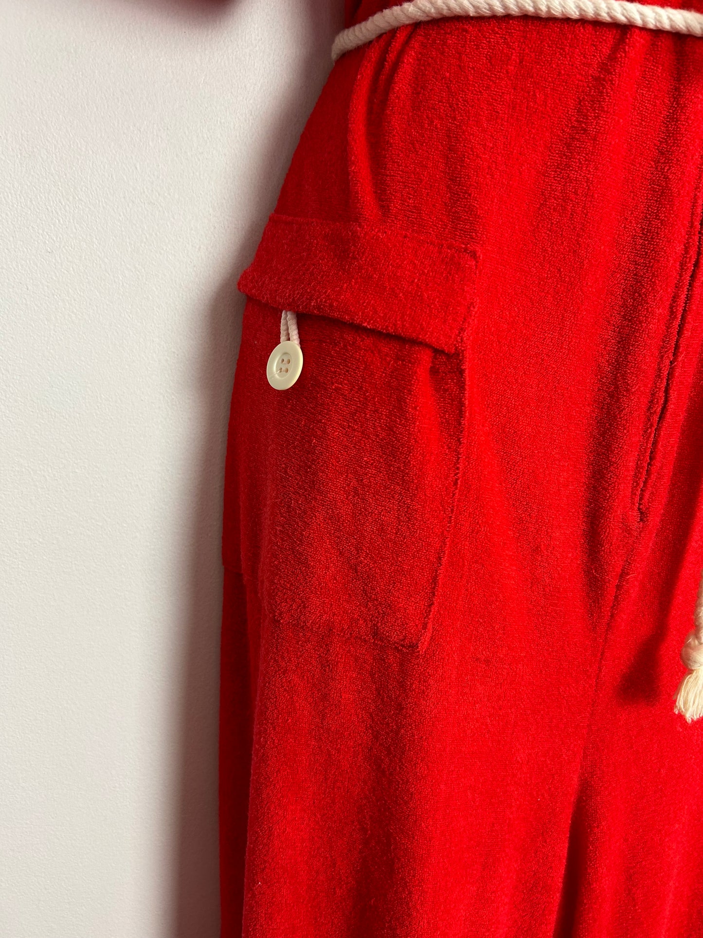 Vintage 1970s JER-SEA OF SWEDEN UK Size 12-14 Red Soft Towelling Belted Pocket Detail Zip Fronted Cuffed Ankle Jumpsuit