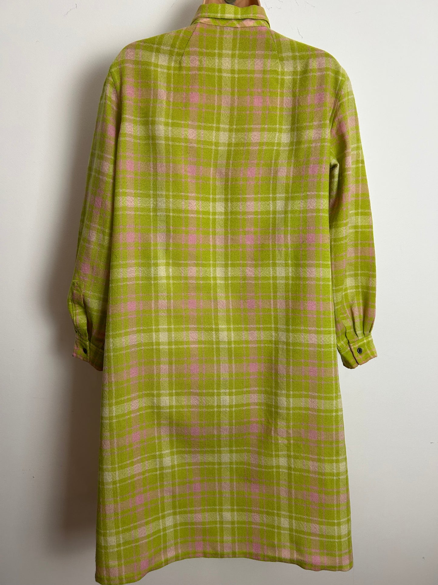 Vintage 1970s PETER COLLINS Size 14-16 Lime Green & Pink Check Long Sleeve Shirt Style Dress