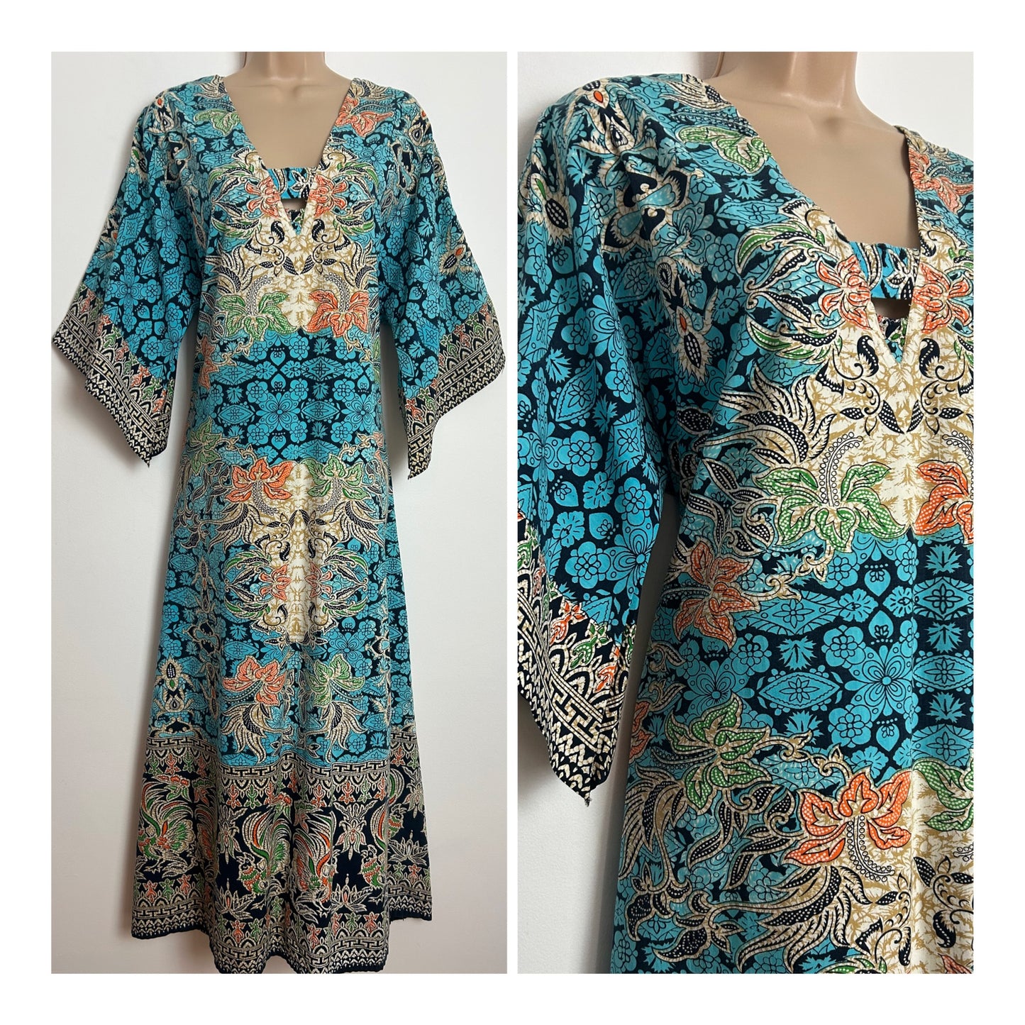 Vintage 1970s One Size Up To Size 14-16 Blue Beige & Orange Thai Batik Print Short Wide Sleeve Cotton Kaftan