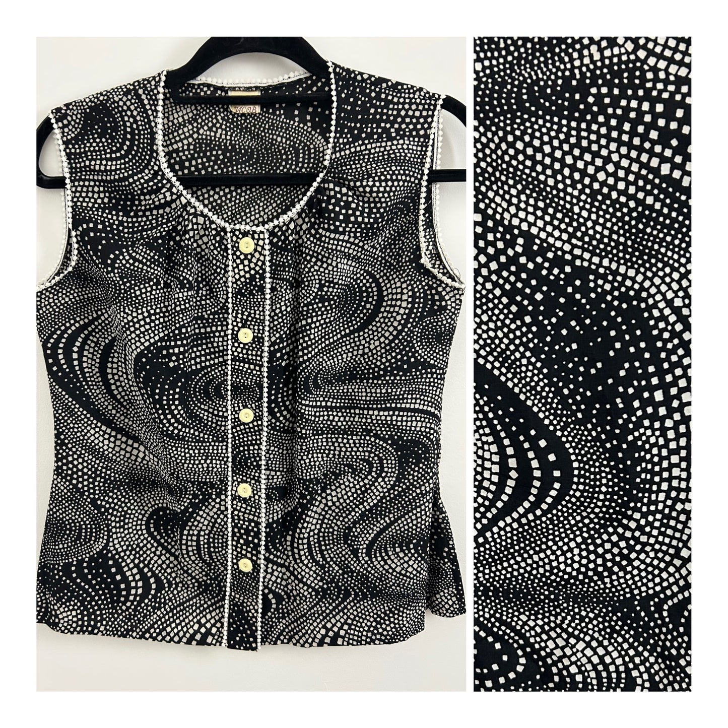 Vintage 1970s JACOB Size 12 Pretty Black & White Abstract Geo Print Sleeveless Blouse/Top
