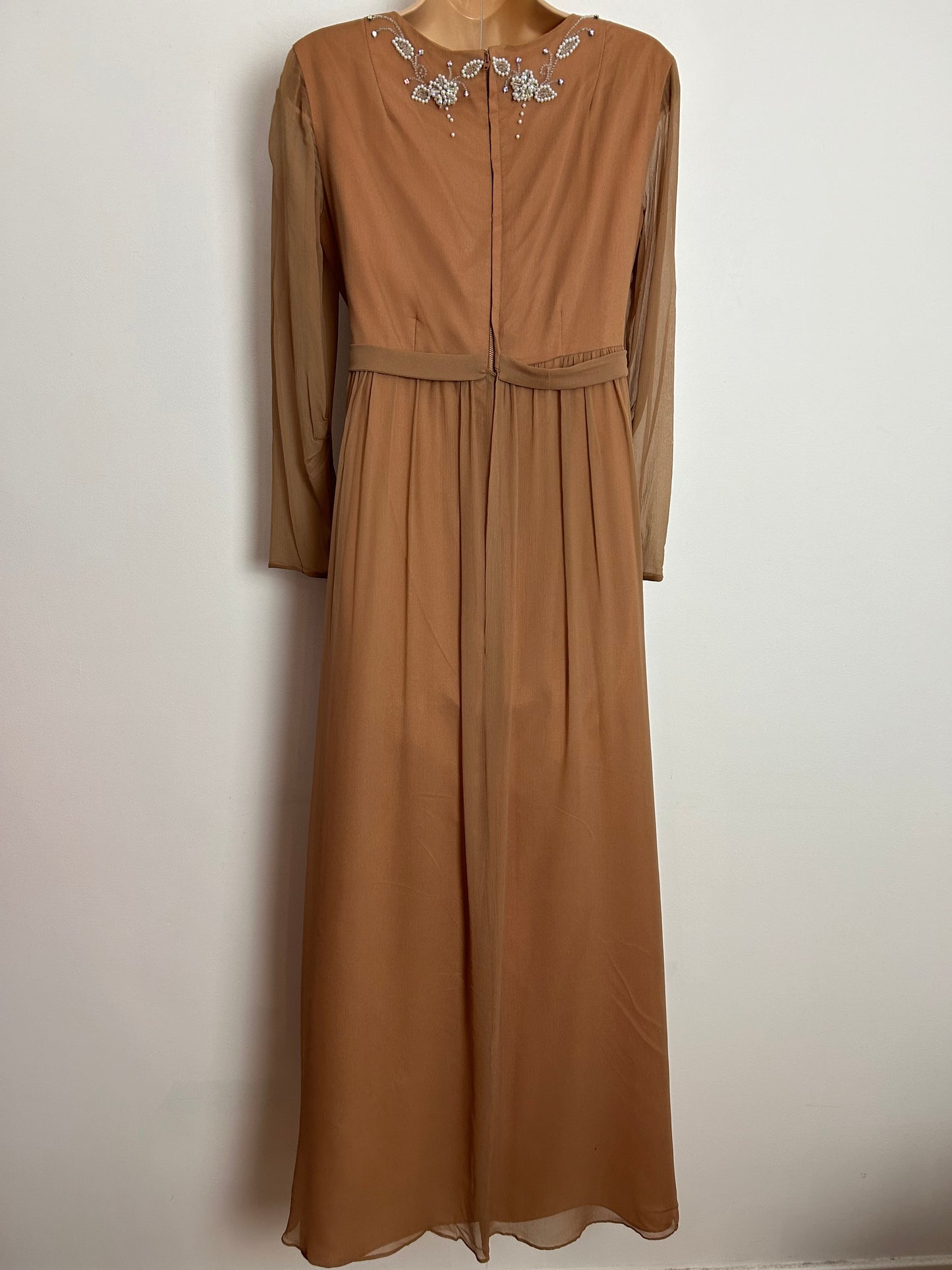 Vintage 1960s RICCI MICHAELS UK Size 10 Beautiful Caramel Silk Crepe Bead Embellished Evening Dress
