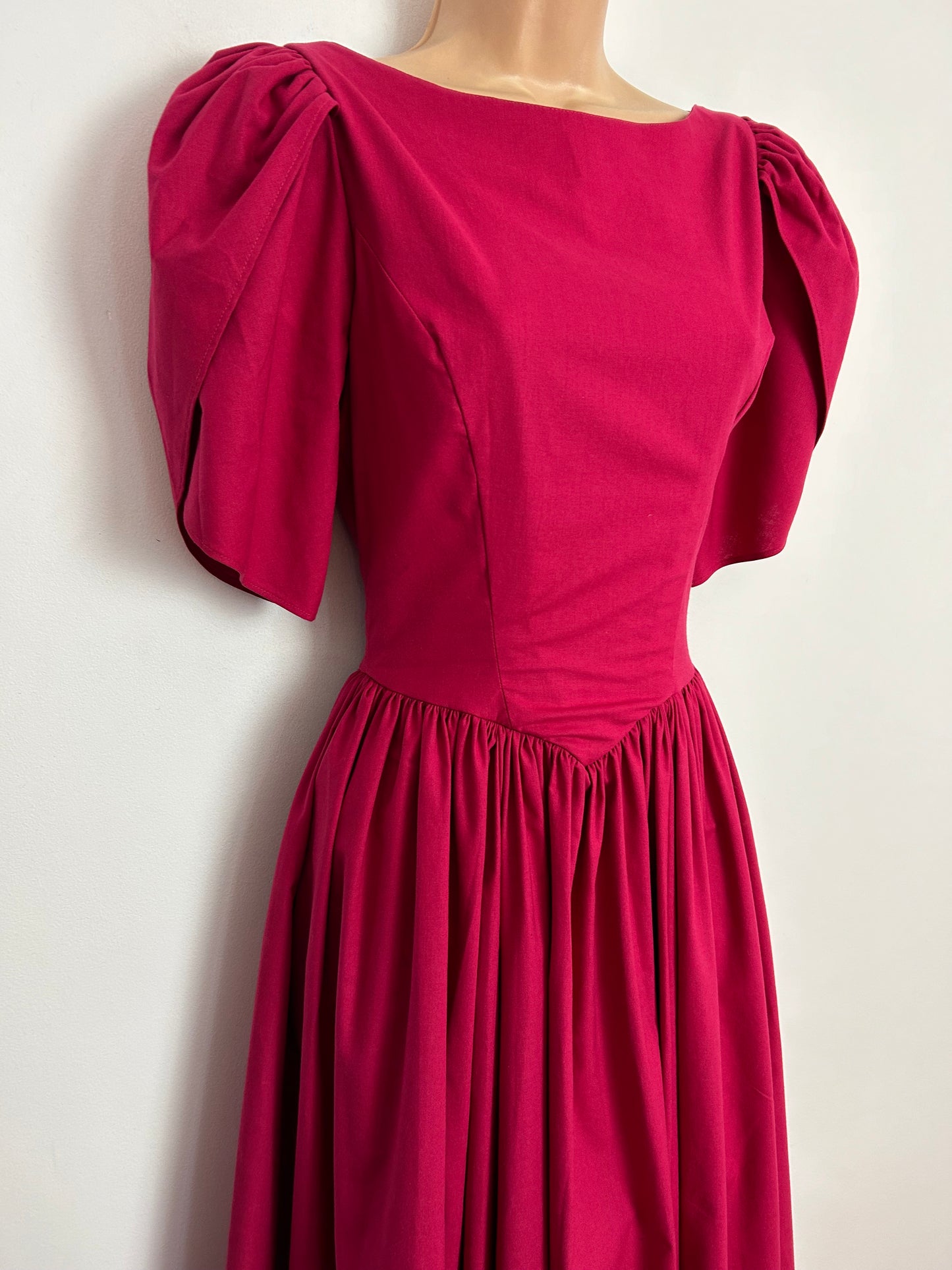 Vintage 1980s LAURA ASHLEY UK Size 8 Dark Pink Cotton Bow Back Midi Ballgown Dress