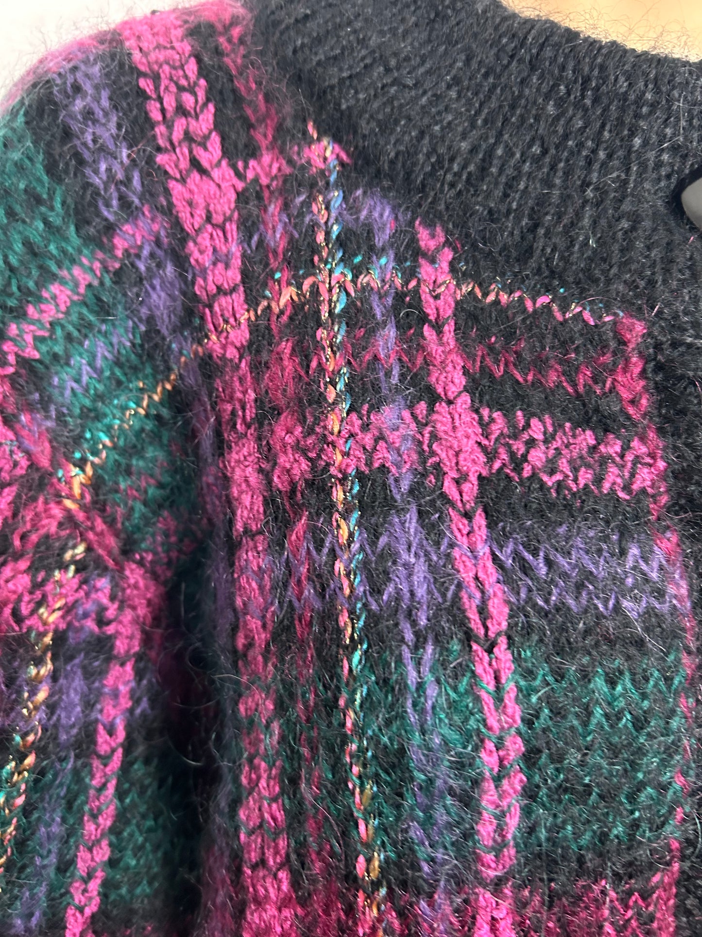 Vintage 1980s Up To Size 14 Black Green & Pink Check Mohair Mix Over Sized Cardigan