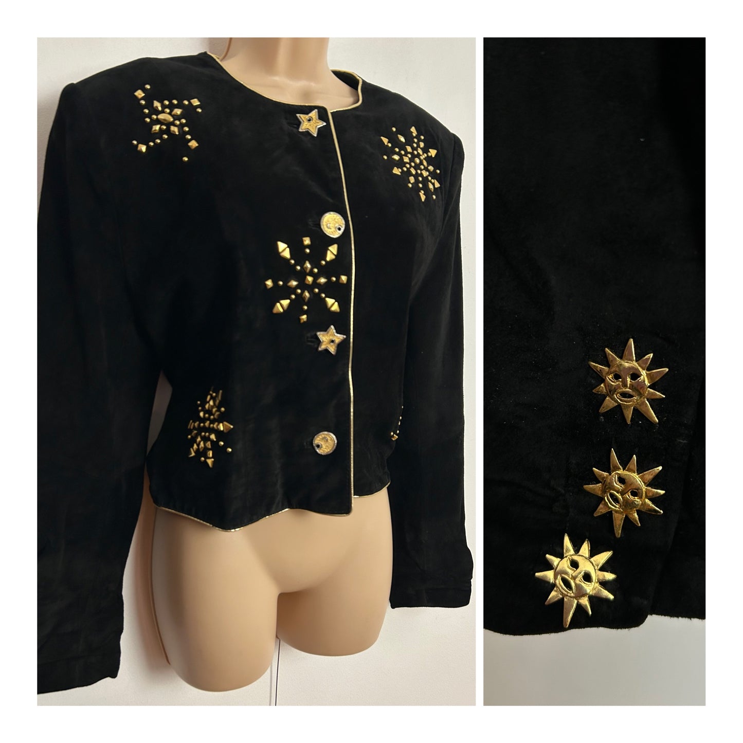 Vintage 1980s YESSICA @ C&A UK Size 12-14 Black Suede Gold Stud Detail Cropped Jacket