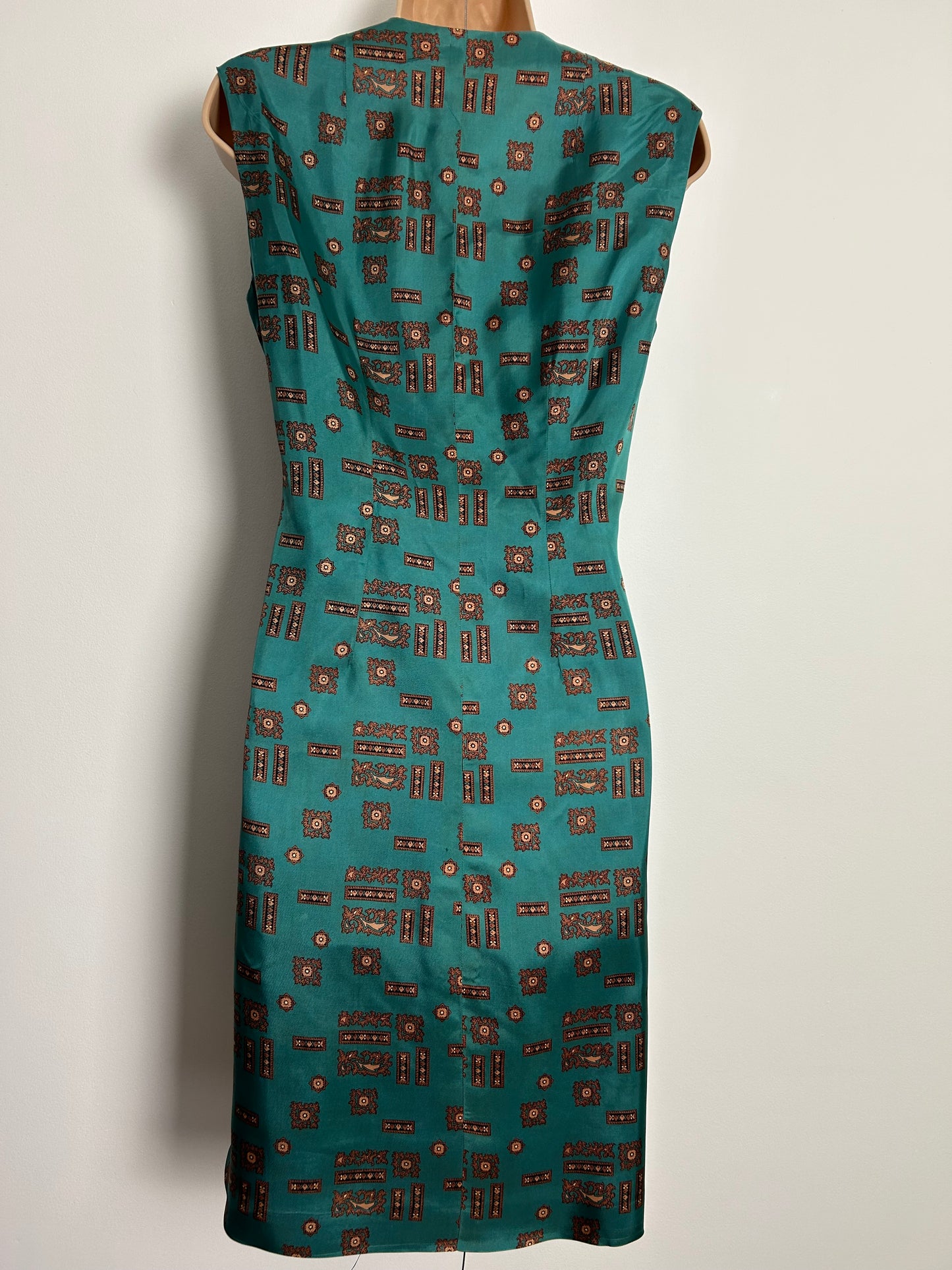 Vintage 1960s UK Size 10-12 Teal & Brown Abstract Print Silky Feel Full Wrap Dress