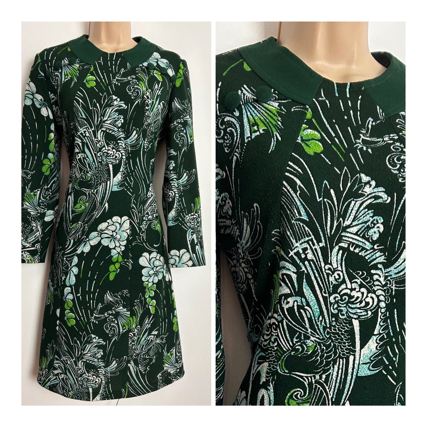 Vintage 1960s UK Size 12 Dark Green Floral Print Long Sleeve Poly Jersey Mod Shift Dress