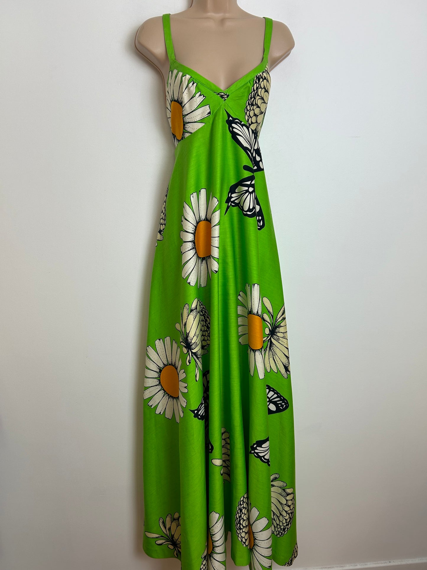 Vintage 1970s RARE FENNO SPORT FINLAND Size 10 Lime Green Butterfly & Daisy Print Cotton Maxi Dress