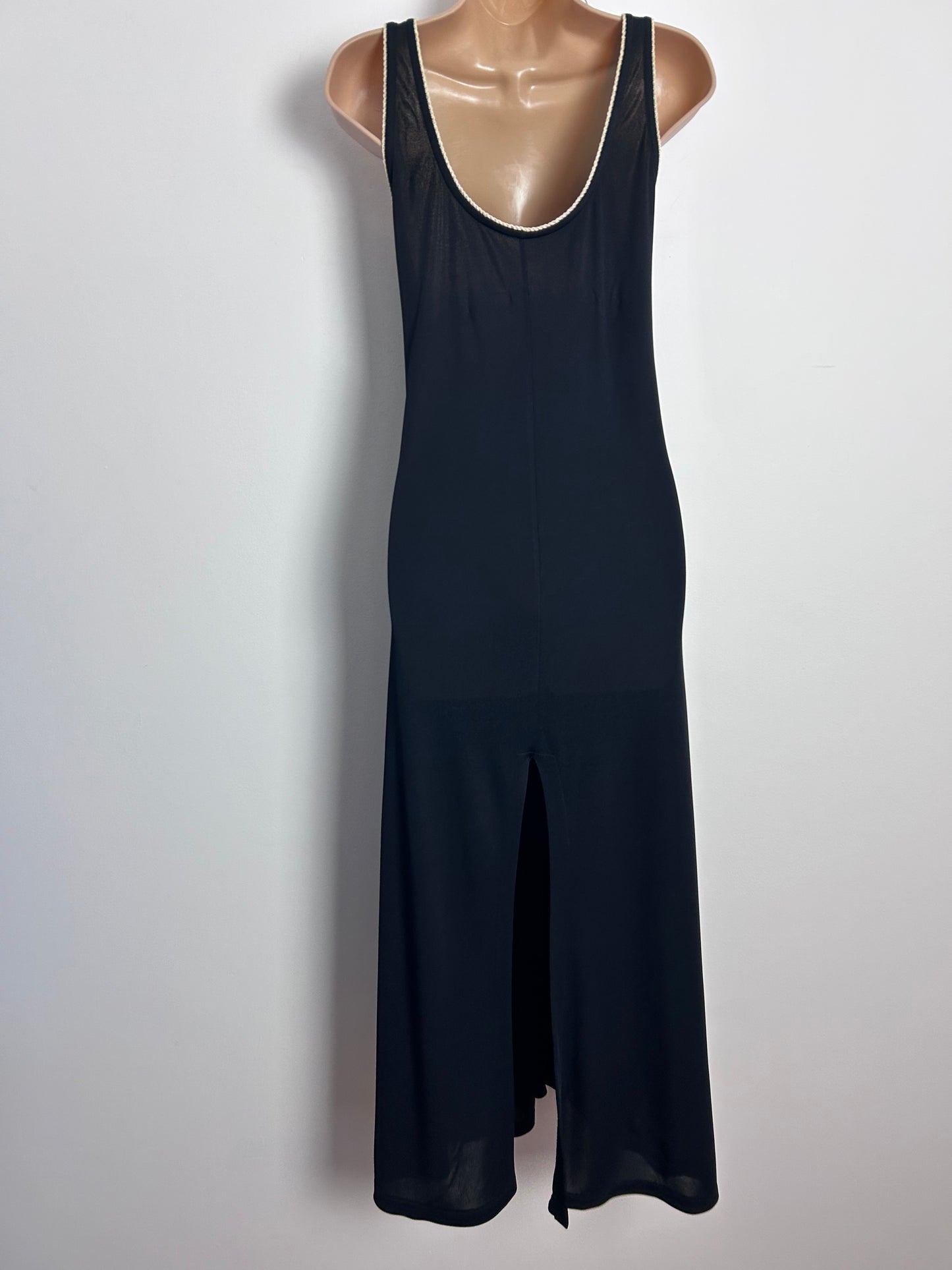 Vintage 1970s UK Size 8 Black Twist Braid Trim Plunge Neck Bow Detail Sleeveless Occasion Maxi Dress