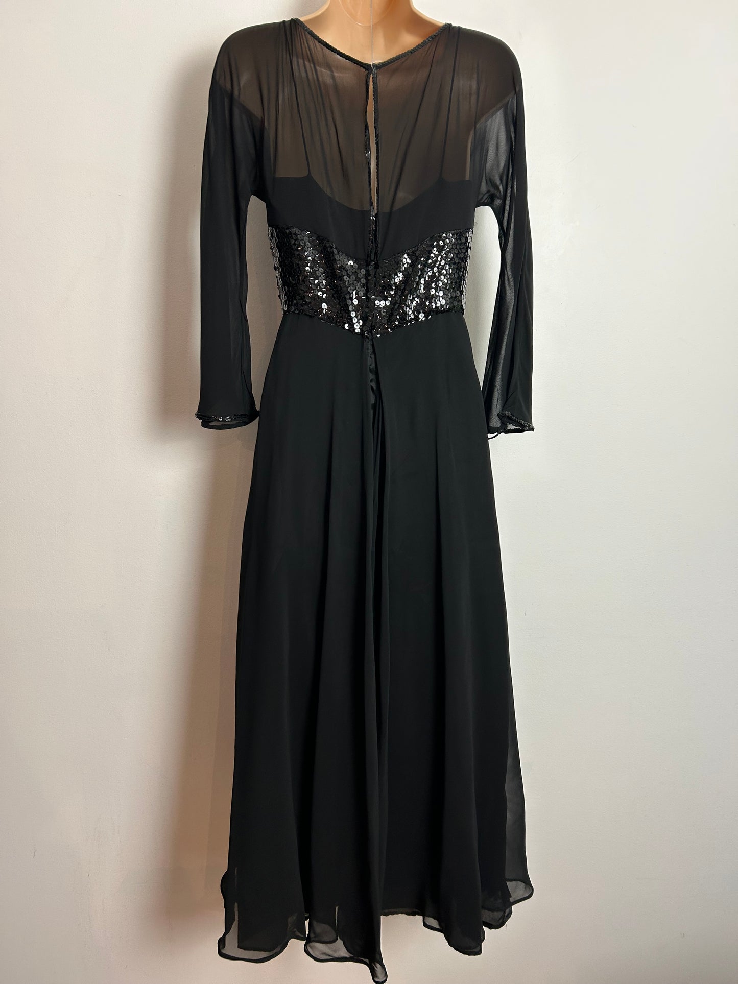 Vintage 1970s UK Size 6 Black Sequin Embellished Illusion Neck Evening Dress
