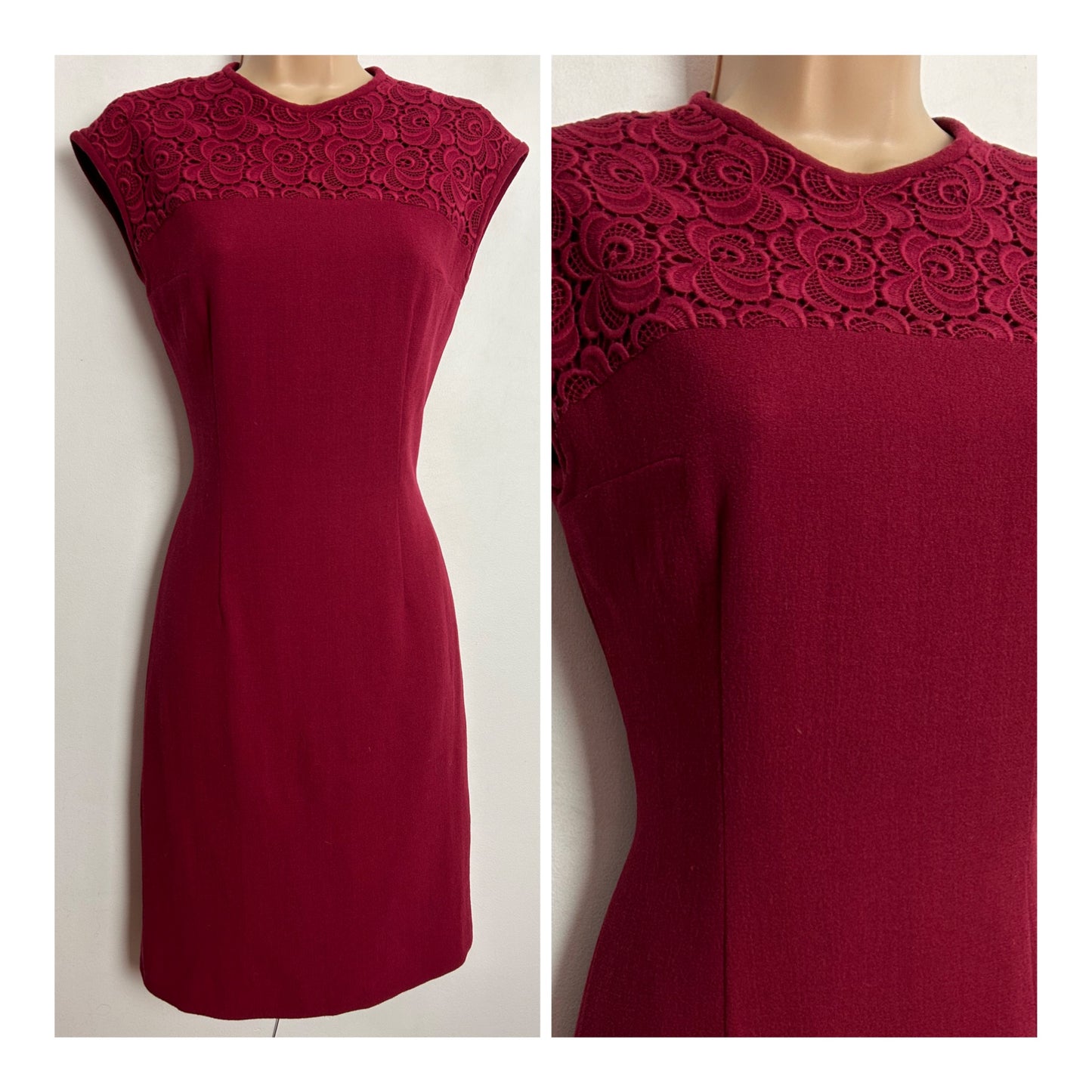 Vintage 1960s UK Size 8 Wine Red Pure Wool Embroidered Floral Lace Detail Wiggle Dress