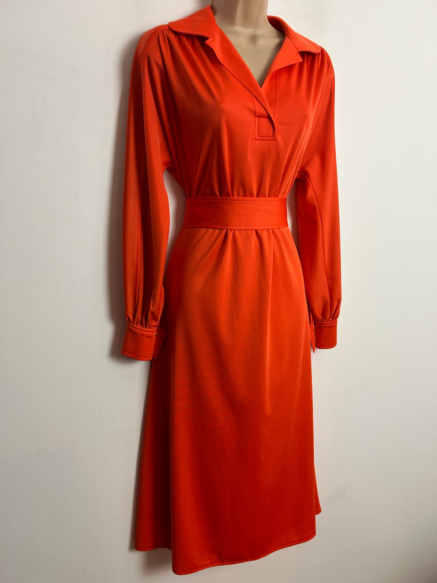 Vintage 1970s WIBOR UK Size 14 Tangerine Orange Long Sleeve Belted Day Dress