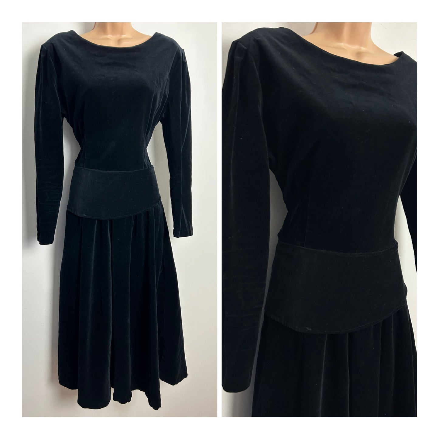 Vintage 1970s ADINI Size 12 Black Indian Cotton Velvet Peplum Tie Back Gothic Midi Dress