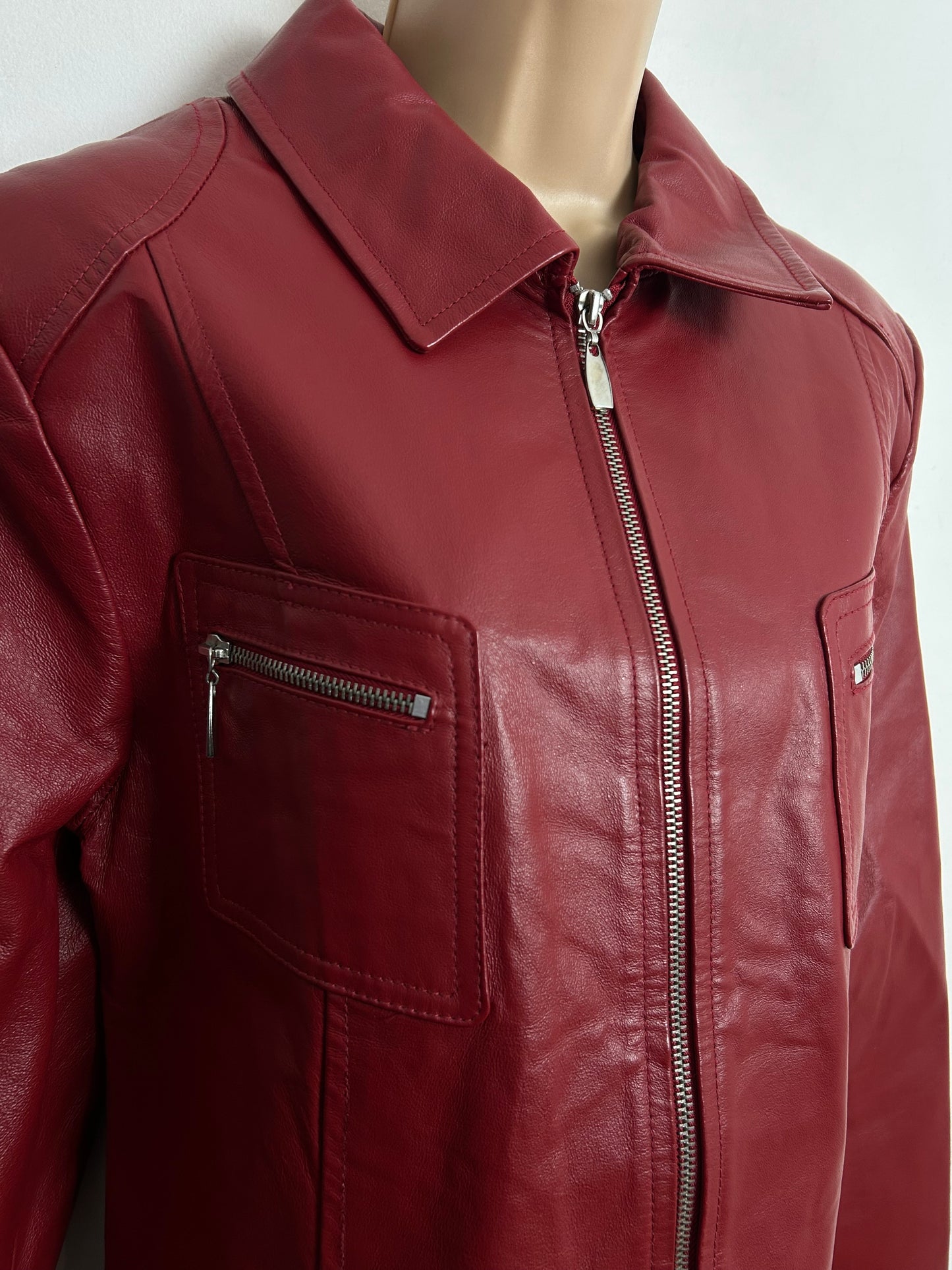 Vintage Late 1980s UK Size 14-16 Red Leather Zip Fronted Pocket Detail Jacket