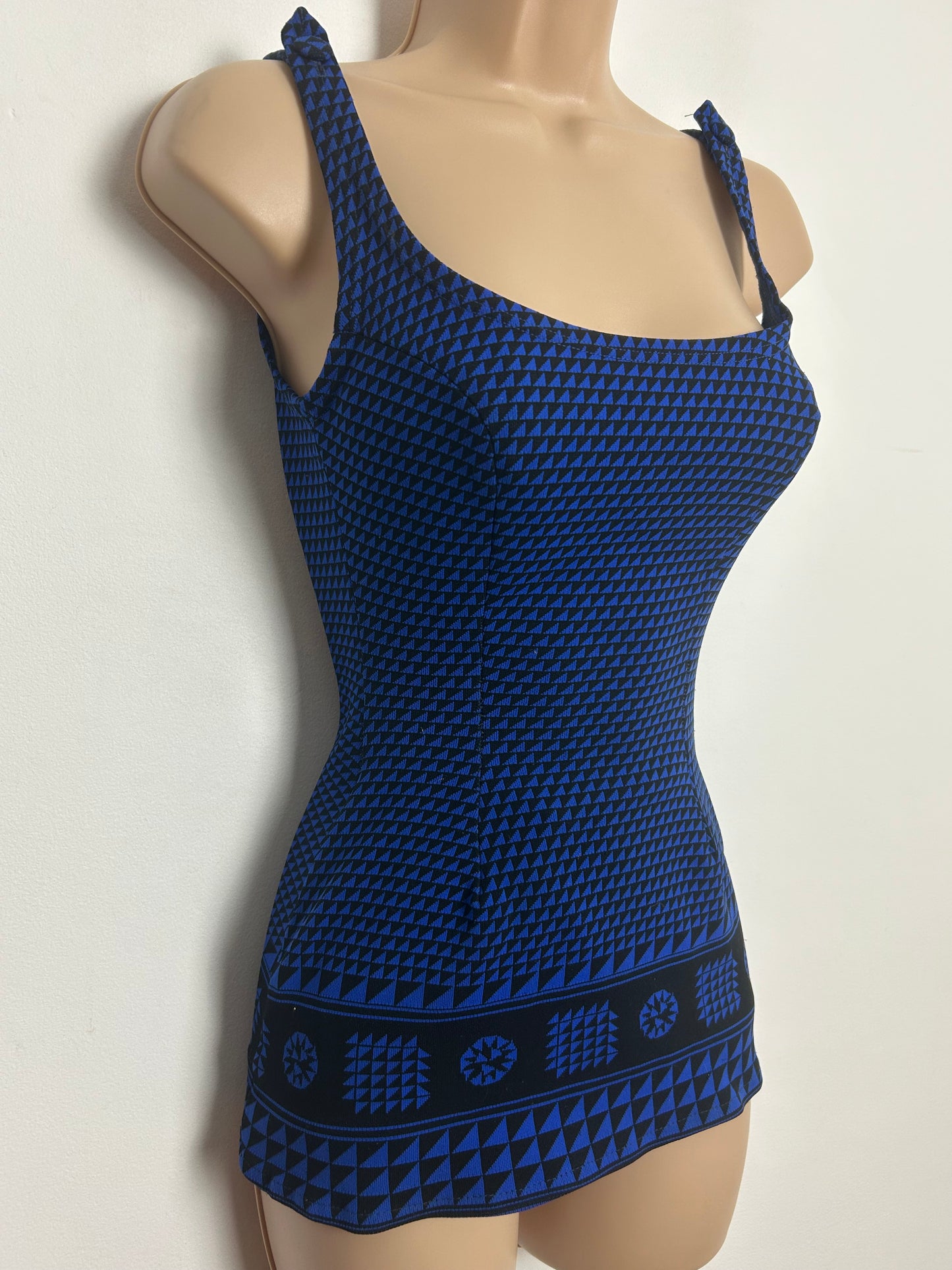Vintage Late 1960s TROPIC Size 10-12 Dark Blue & Navy Geo Print Padded Skirted Swimsuit