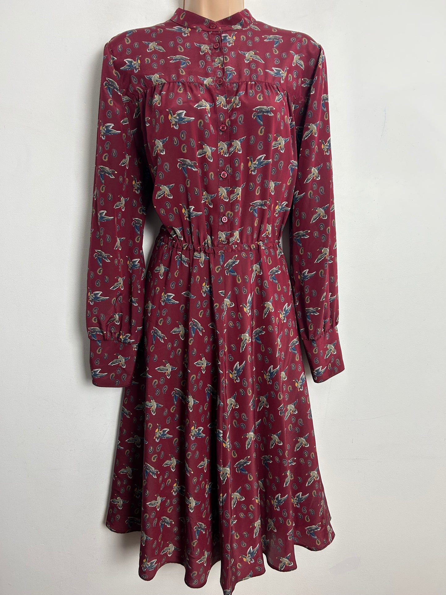 Vintage 1980s JEAN CLAIRE UK Size 14 Dark Red Novelty Duck & Paisley Print Long Sleeve Day Dress