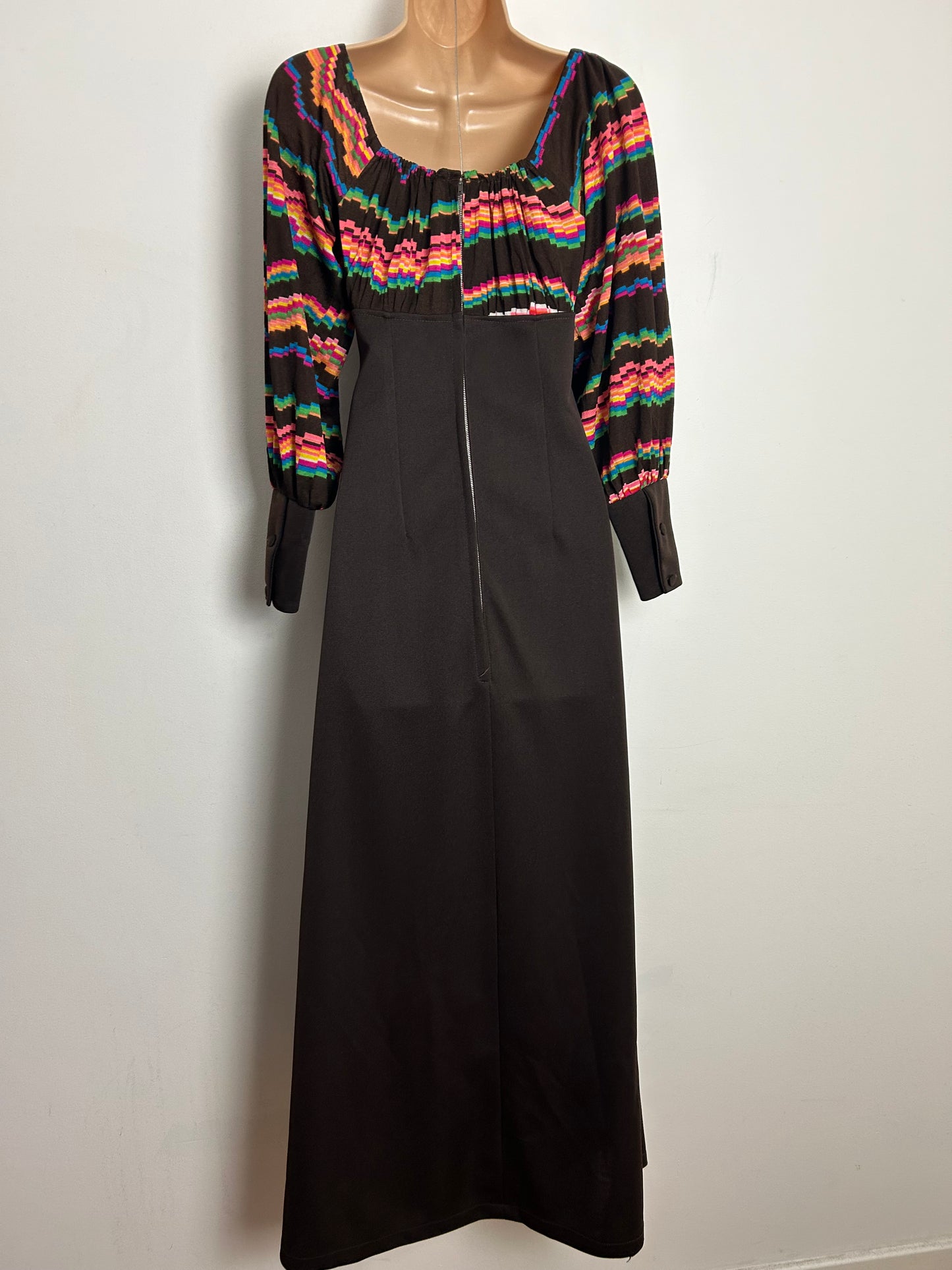 Vintage 1970s UK Size 6-8 Brown Pink Coral Blue & Green Stripe Print Long Sleeve Bow Detail Maxi Dress