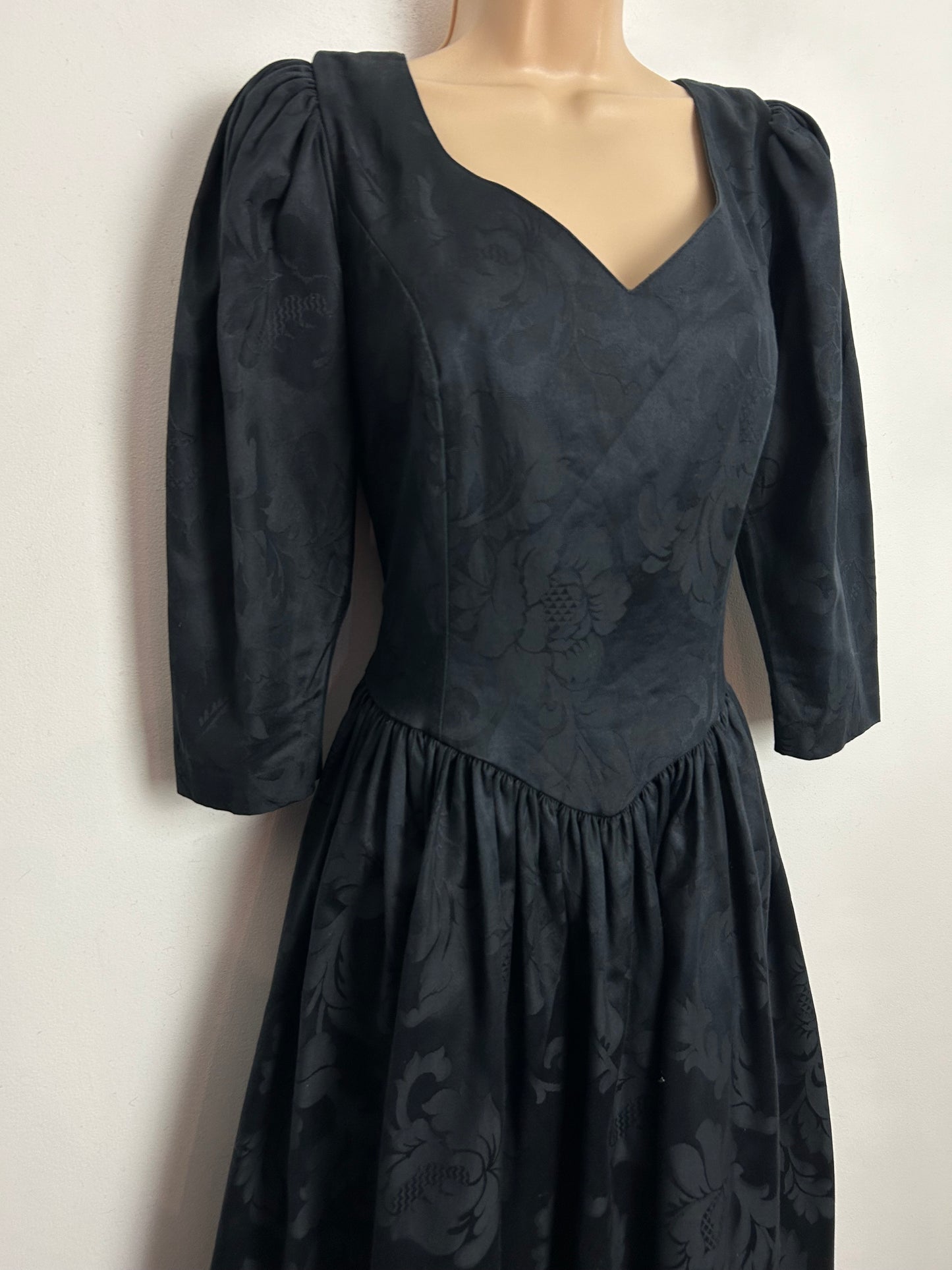 Vintage 80s LAURA ASHLEY UK 10 (Size 14 On Label) Black Embossed Damask Pleated Midi Dress