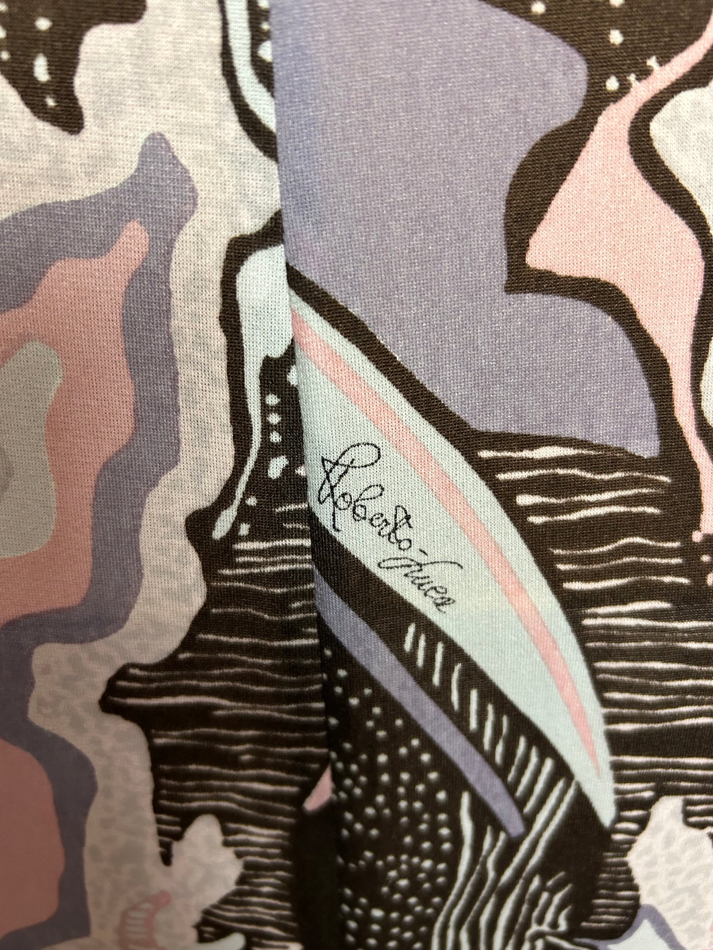 Vintage 1970s VERY RARE ROBERTA LUCA UK Size 6 Brown White Pink & Lilac Abstract Print Signed Fabric Maxi Dress