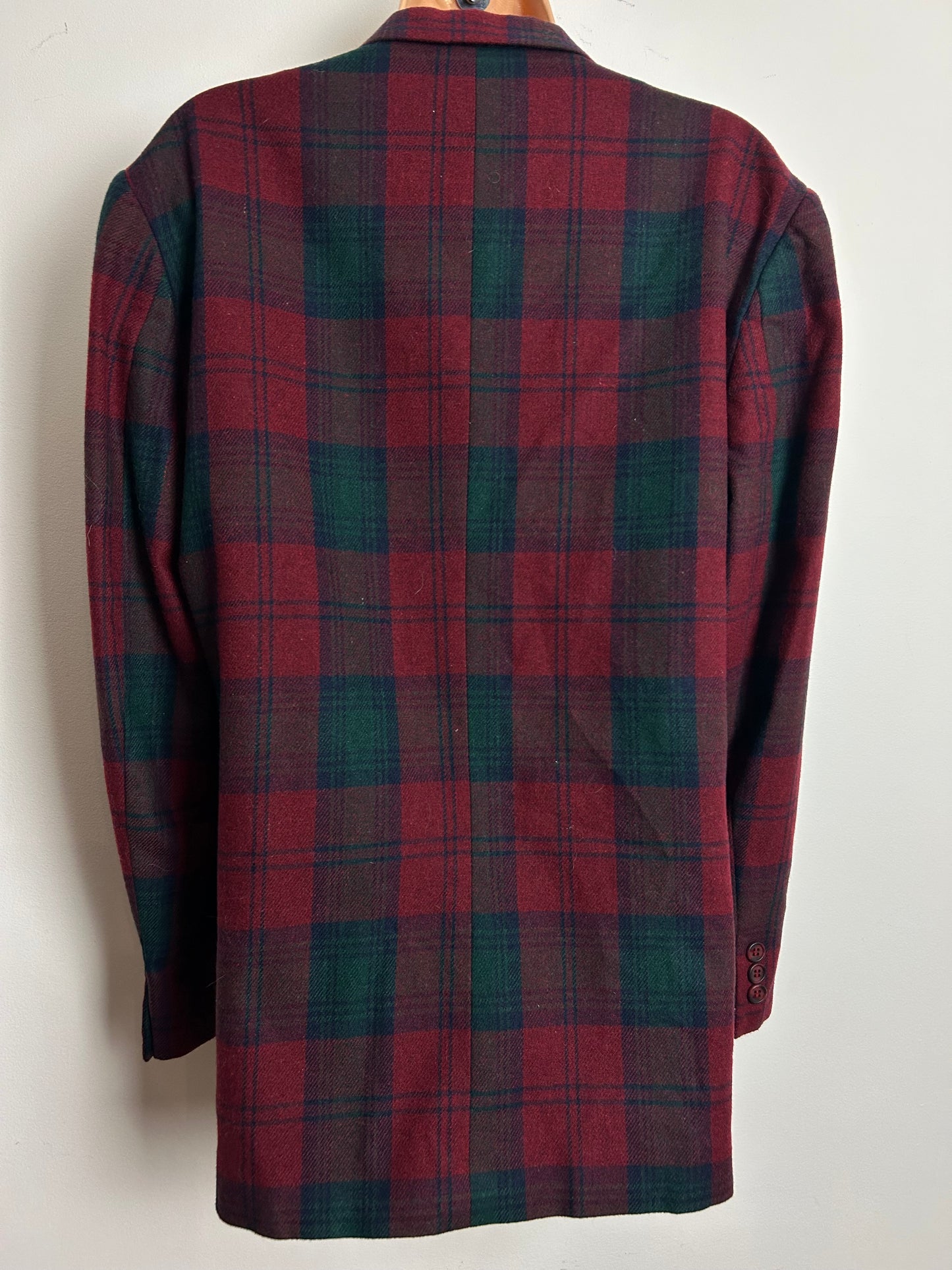 Vintage 1980s Size 14-16 Dark Red & Green Tartan Check Wool Mix Blazer