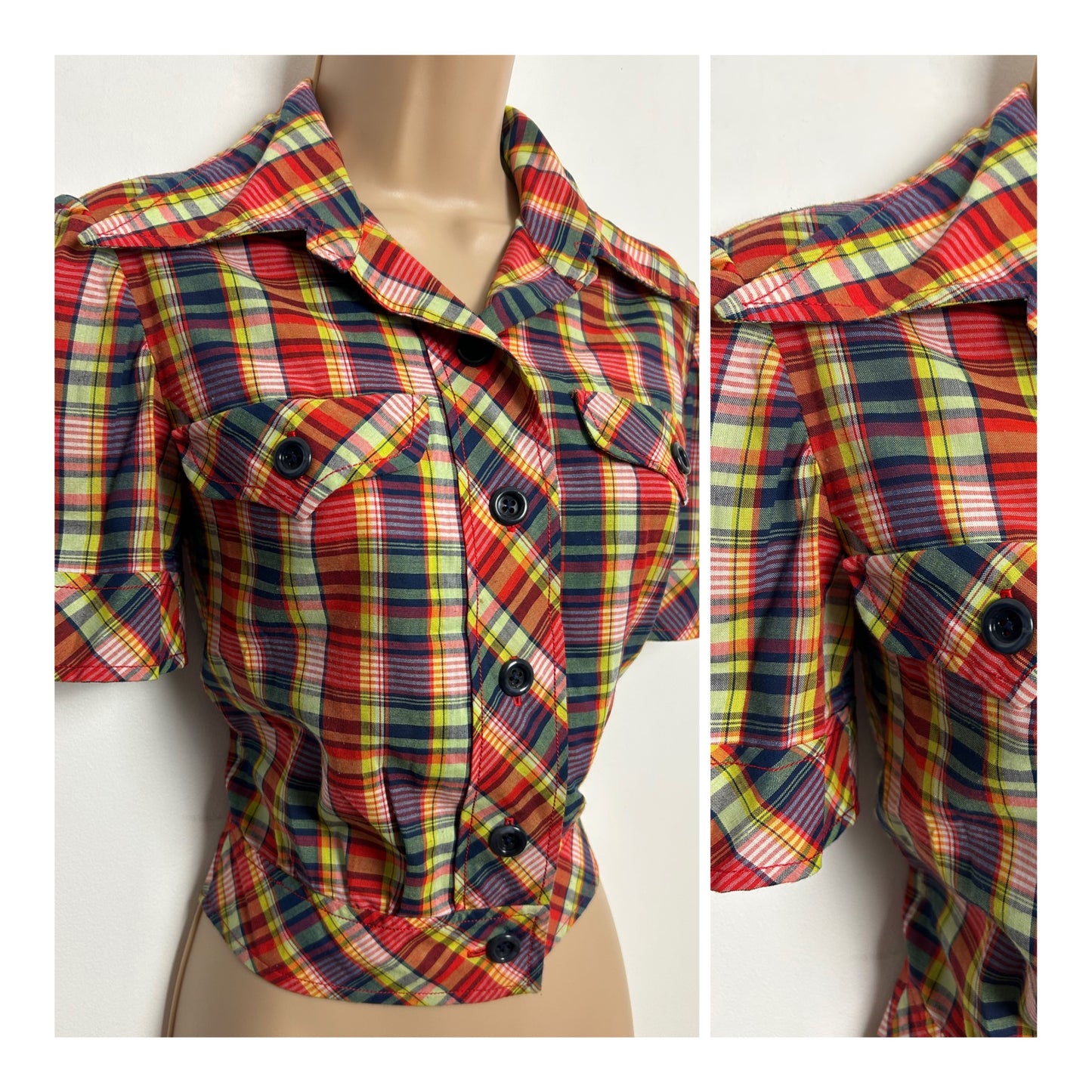 Vintage 1970s Size 8 Cute Red Blue & White Check Print Short Sleeve Cropped Shirt