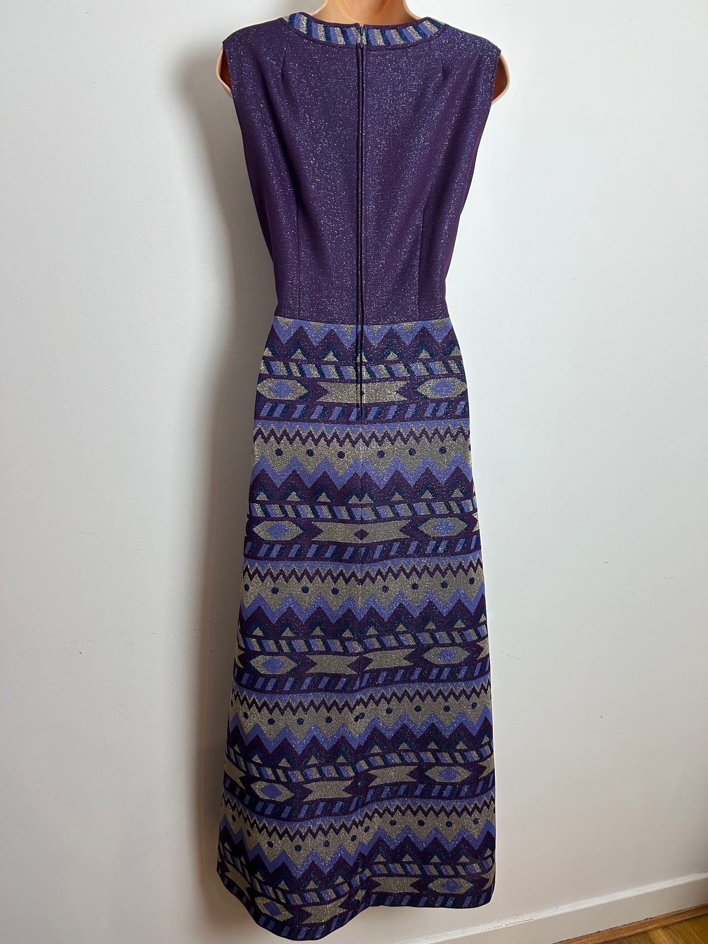Vintage 1970s Size 12 Purple Blue & Silver Abstract Print Lurex Occasion Evening Maxi Dress
