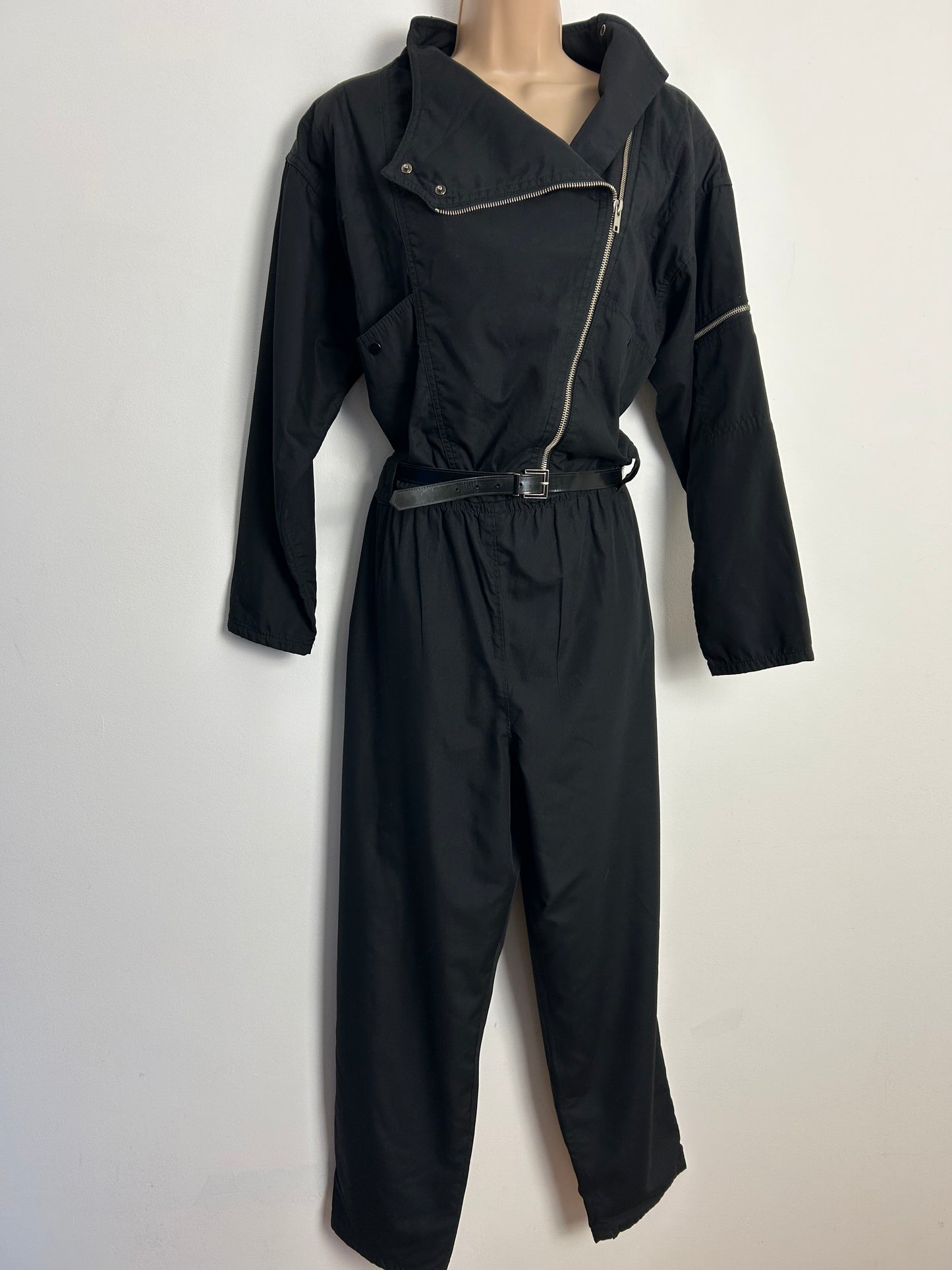 Vintage 1980s TIME COLLECTION UK Size 12 Black Zip Fronted Pocket Detail Belted Taper Leg Jumpsuit