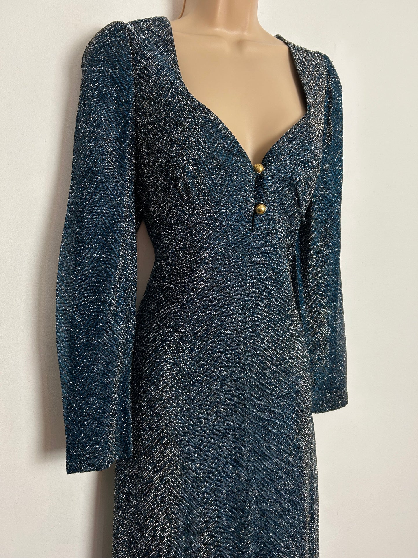 Vintage 1970s UK Size 12-14 Teal Black & Silver Lurex Long Sleeve Plunge Neck Occasion Maxi Dress