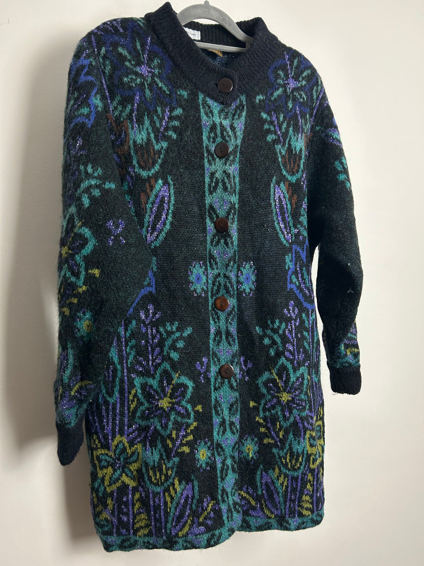 Vintage 1980s Size 12-14 Slouchy Fit Black Green & Blue Wool Mix Long Line Chunky Cardigan
