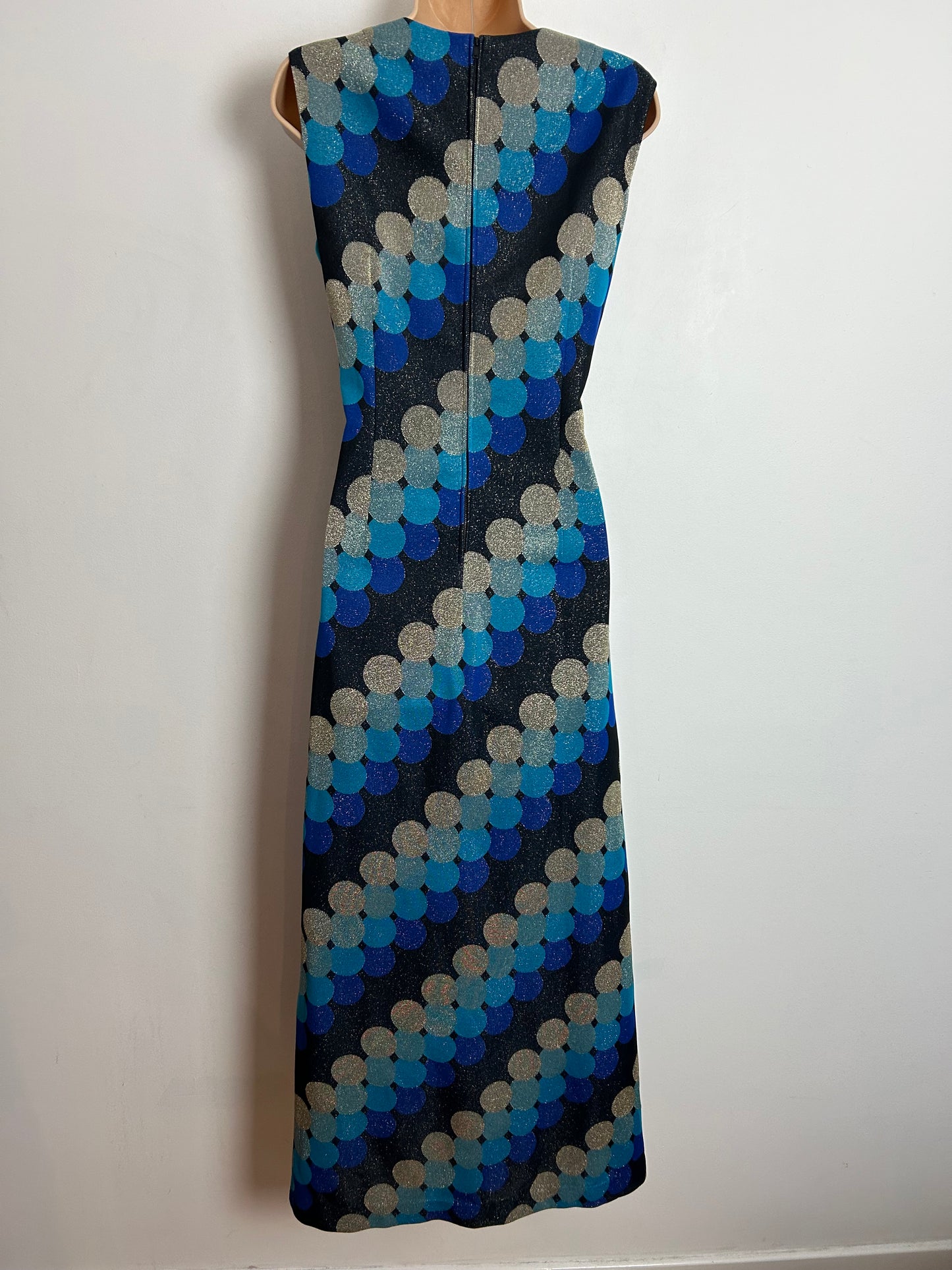 Vintage 1970s UK Size 12-14 Black Blue Silver & Gold Lurex Circle Print Sleeveless Colum Occasion Evening Maxi Dress