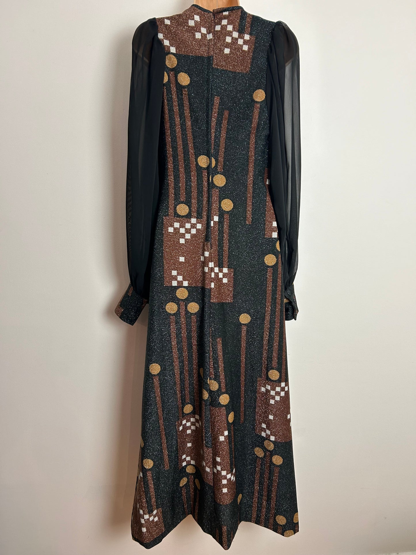 Vintage Early 1970s FIONA UK Size 6-8 Black Bronze & Sandy Beige Lurex Stripe Circle & Geo Print Long Sleeve Occasion Maxi Dress