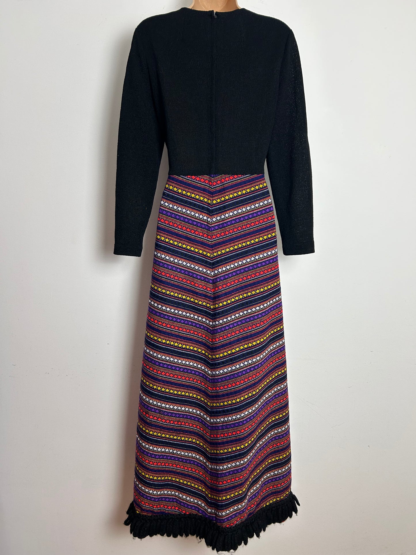 Vintage 1970s BERKERTEX Size 12 Black Red Purple Blue Wool Mix Maxi Dress