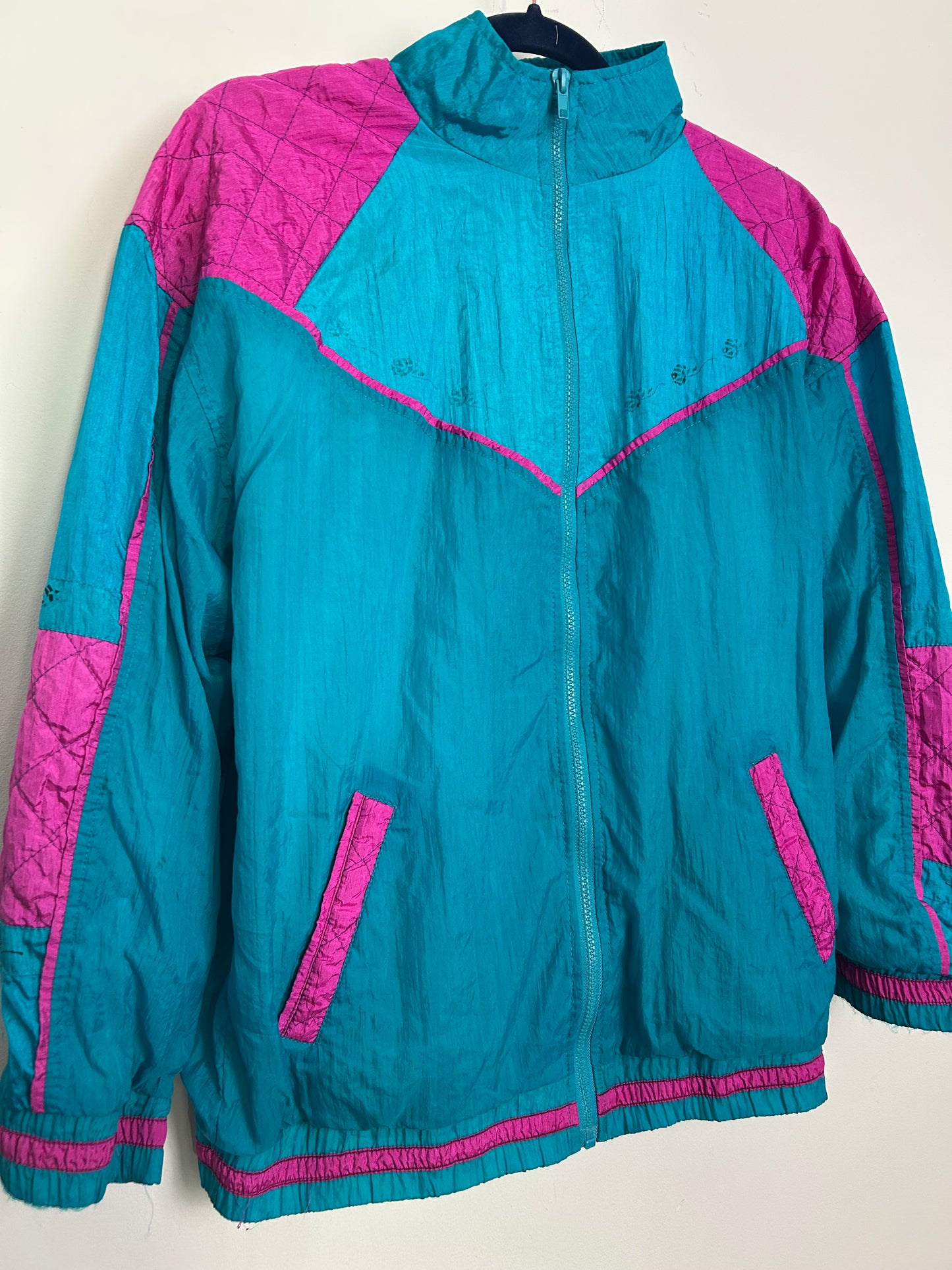 Vintage 1980s FASTLANE Size L (Up to 14) Teal Turquoise & Pink Shell Suit Jacket