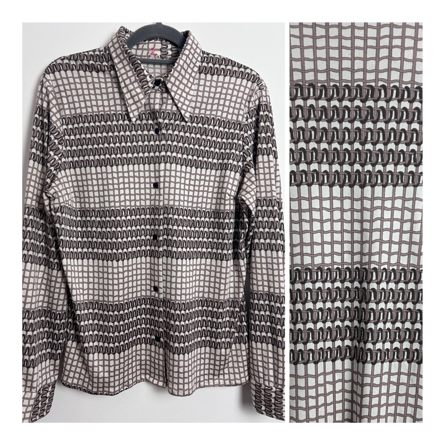 Vintage 1970s Size 12 White Mocha Brown Woven Abstract Print Long Sleeve Shirt