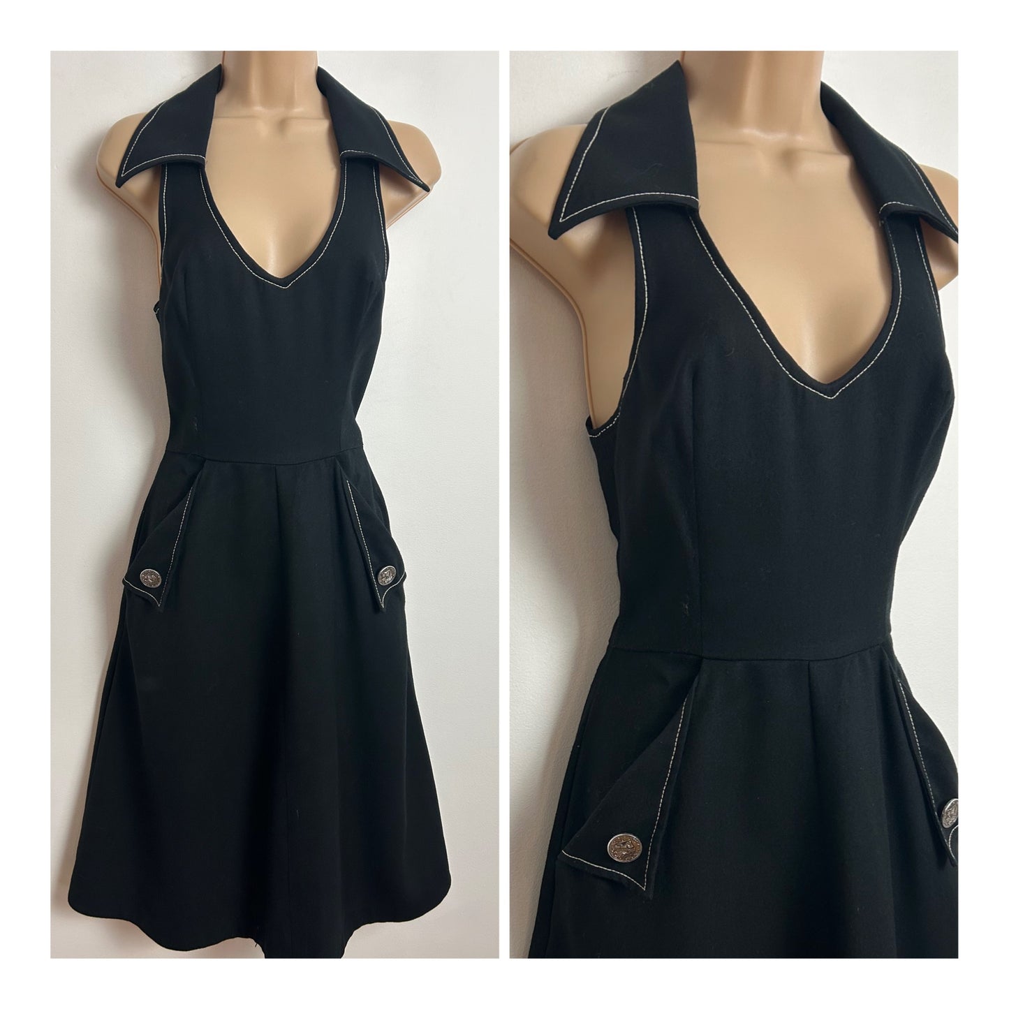 Vintage 1970s MICHAEL SINCLAIR Size 6 Black Sleeveless Wide Collared Pocket Detail Fit & Flare Mod Dress