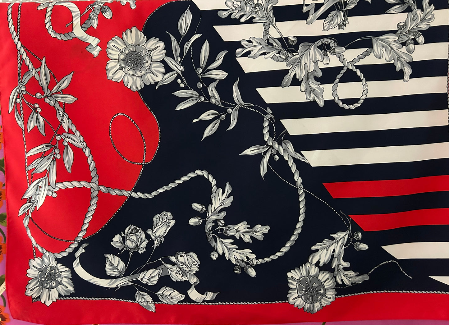 Vintage Red Navy Blue White & Grey Floral Wreath & Rope Print Scarf 70cm x 70cm