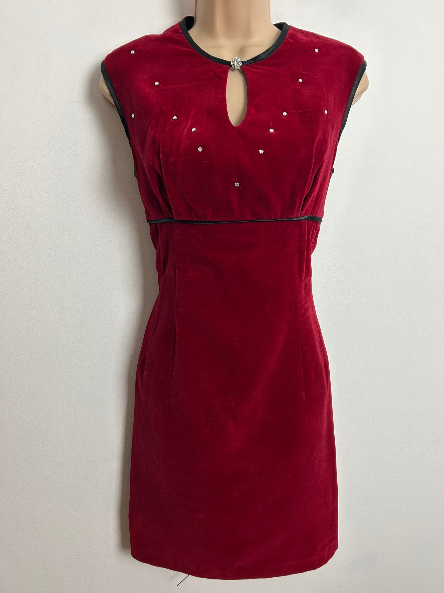 Vintage 1960s UK Size 8 Red Velvet Diamante Detail Xmas Party Mod Shift Dress