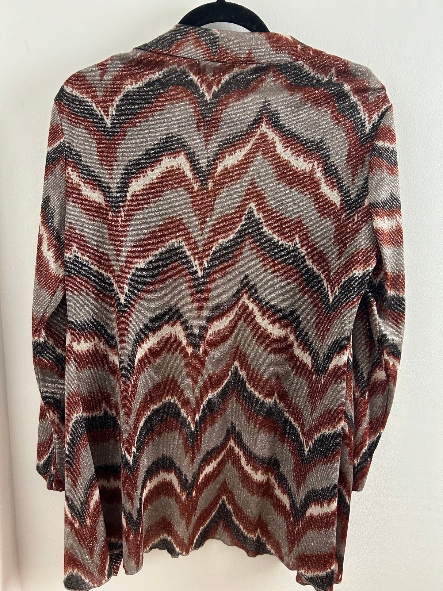Vintage 1990s/Y2K UK Size 14 Bronze Grey & Silver zig Zag Stripe Print Open Fronted Long Sleeve Cardigan Cover Up