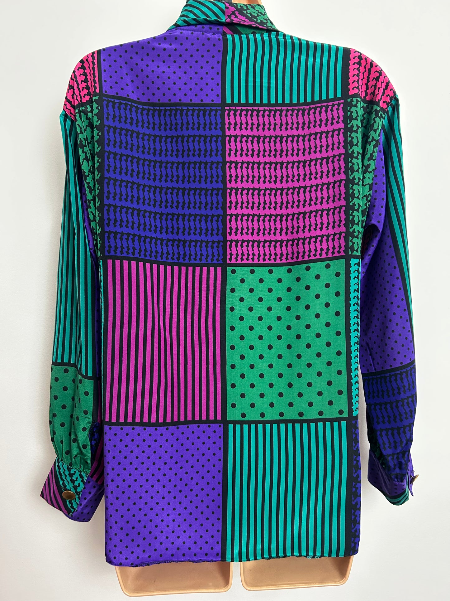 Vintage 1980s FELICIA Size 14-16 Green Purple Pink & Black Abstract Print Cowl Neck Long Sleeve Blouse